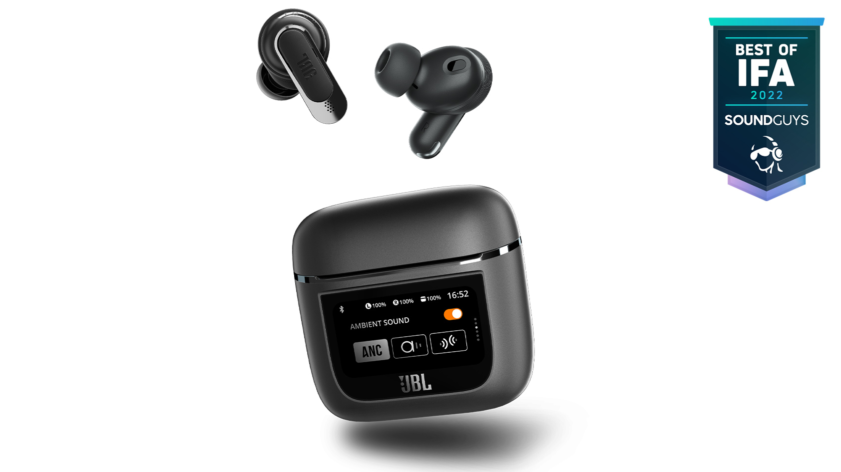 jbl tour pro 2 product image IFA The JBL Tour Pro 2 true wireless earbuds and smartwatch-like charging case against a white background.