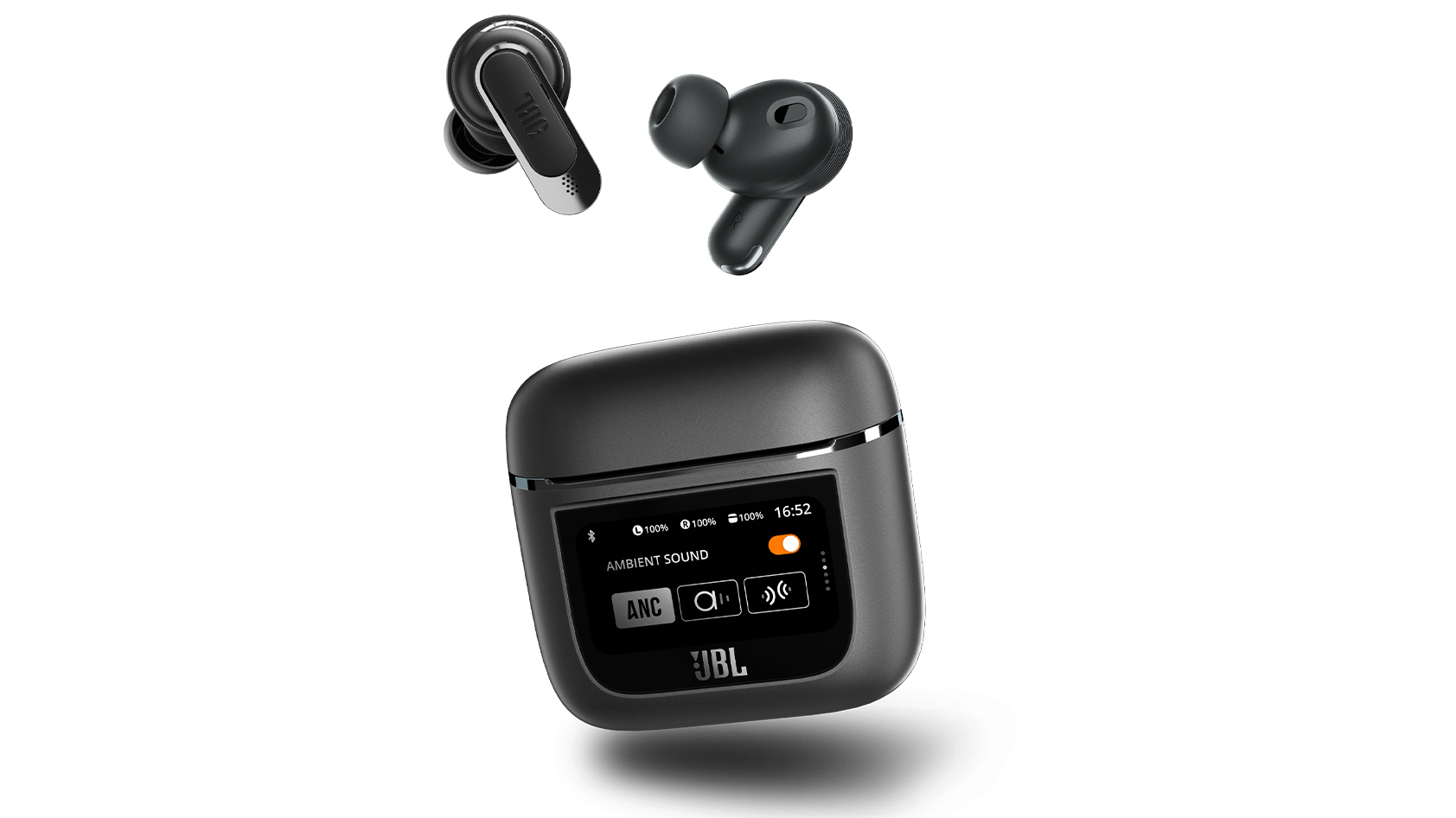The JBL Tour Pro 2 true wireless earbuds and smartwatch-like charging case against a white background.