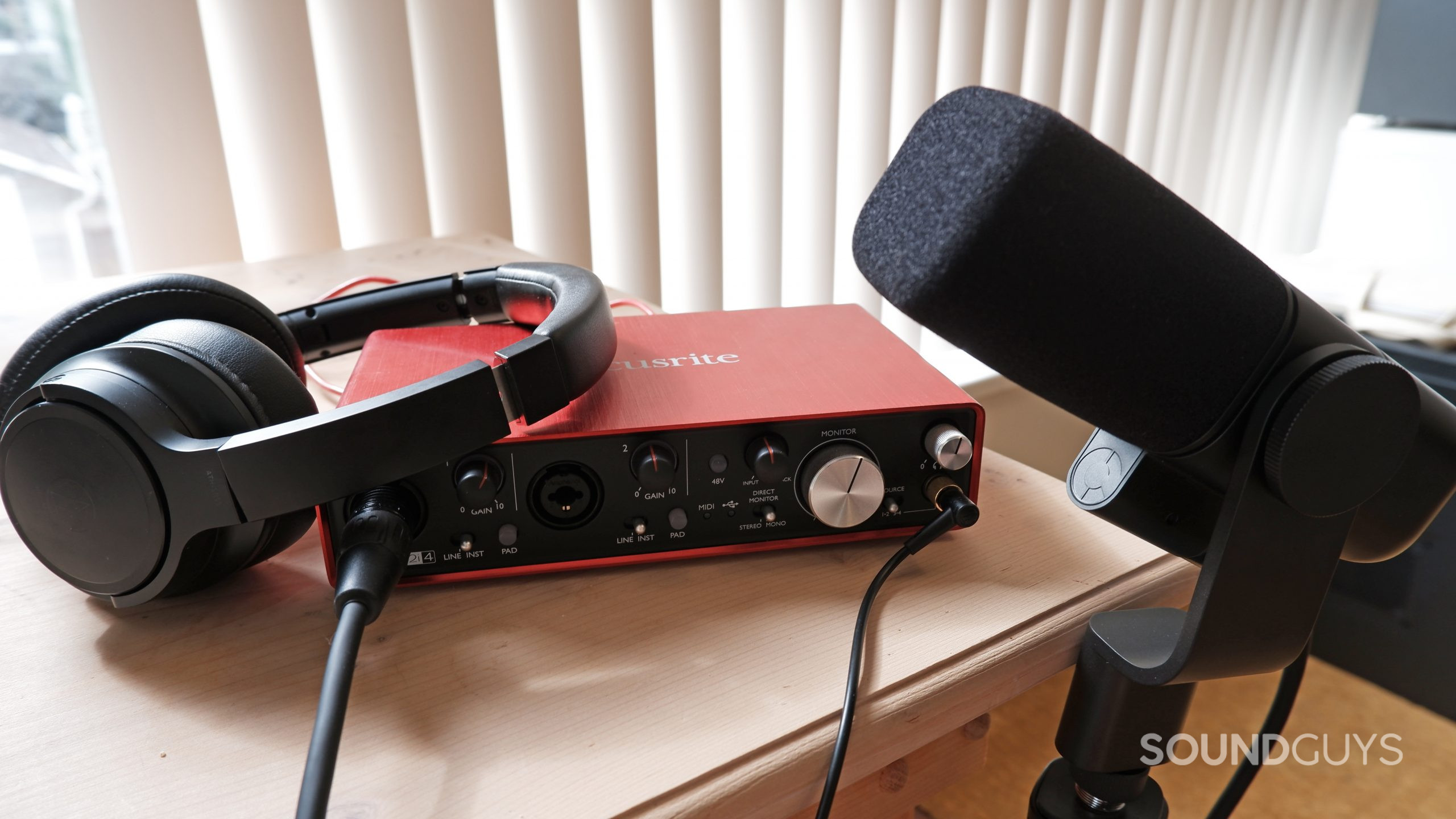 The Logitech Blue Sona plugged into a Focusrite audio interface.