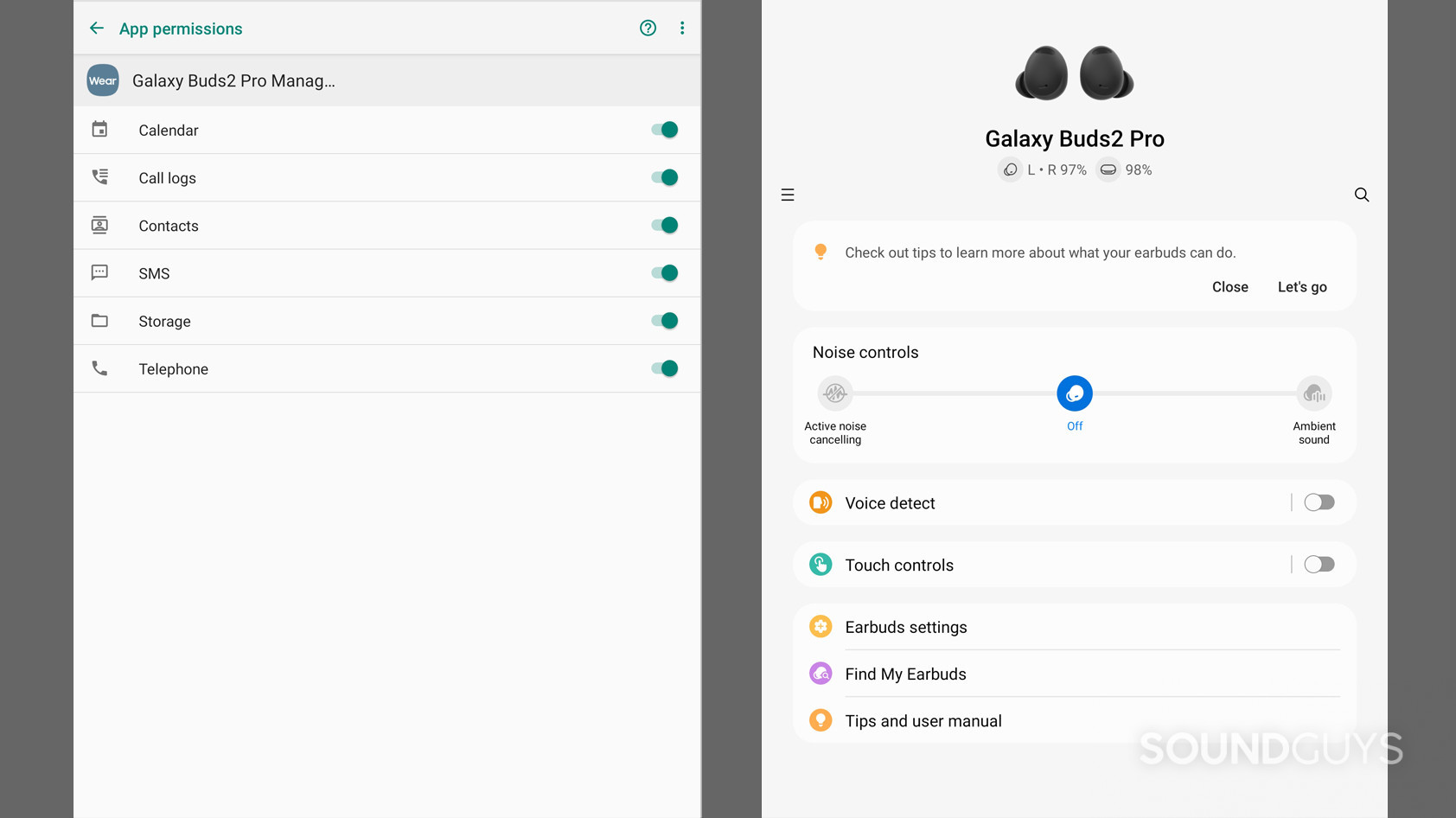 Two screenshots show the app permissions and main menu page on the Galaxy Wearable app for the Samsung Galaxy Buds 2 Pro.