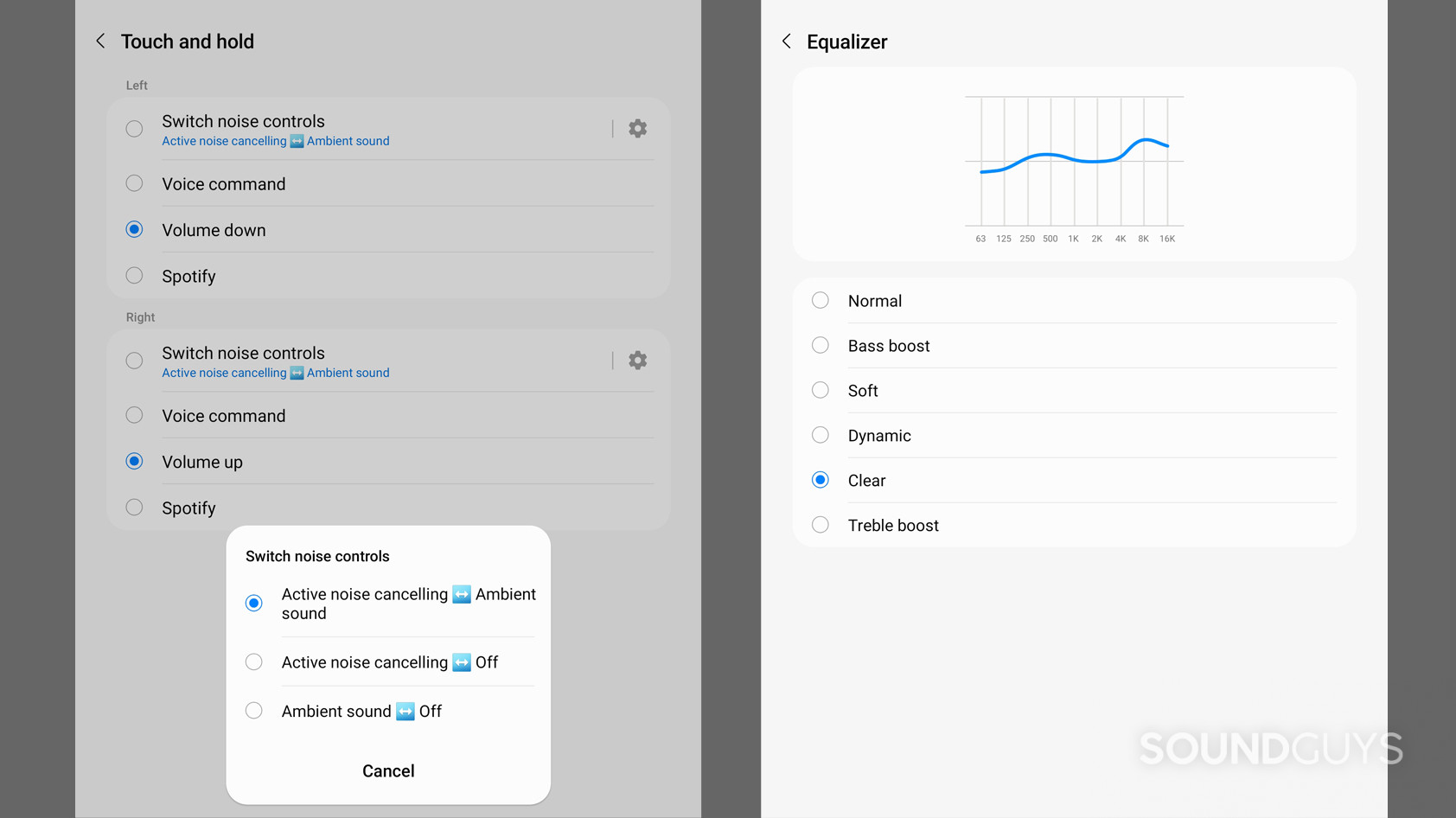 Two screenshots show the command customizations for touch and hold, and the EQ presets in the Galaxy Wearable app for the Samsung Galaxy Buds 2 Pro.