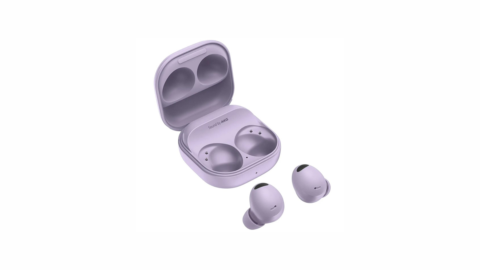 On a white background is the Samsung Galaxy Buds 2 Pro in Bora Purple with the buds sitting outside the case.