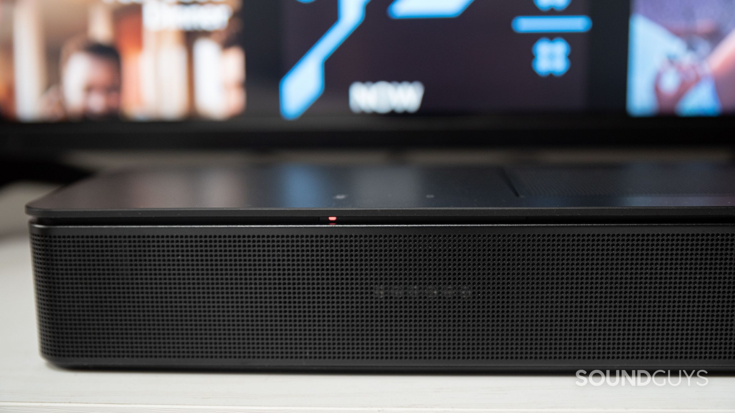 The red LED indicates the mic is off on the Bose Smart Soundbar 600.