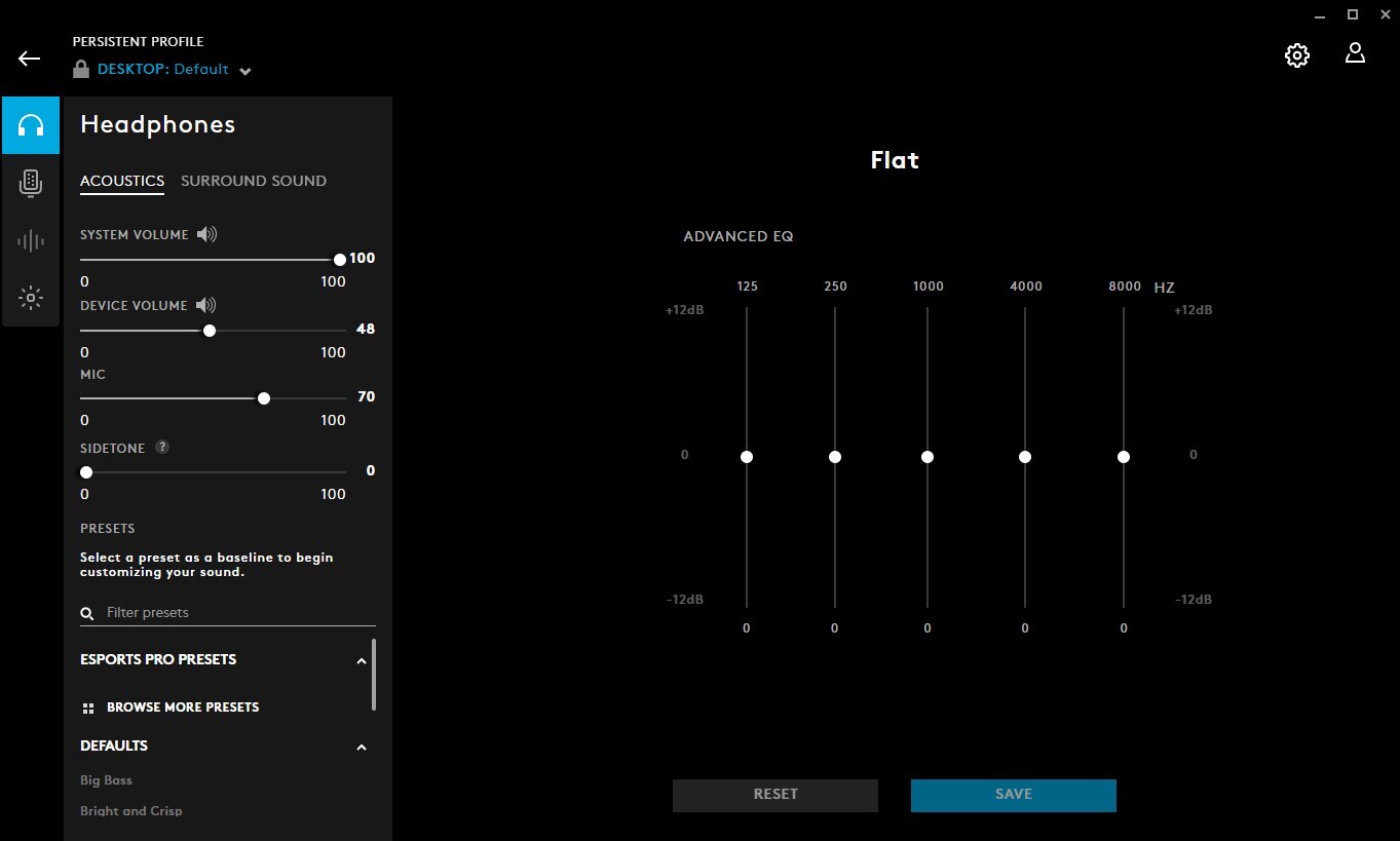 A screenshot for the Logitech G735 Logitech G Hub options