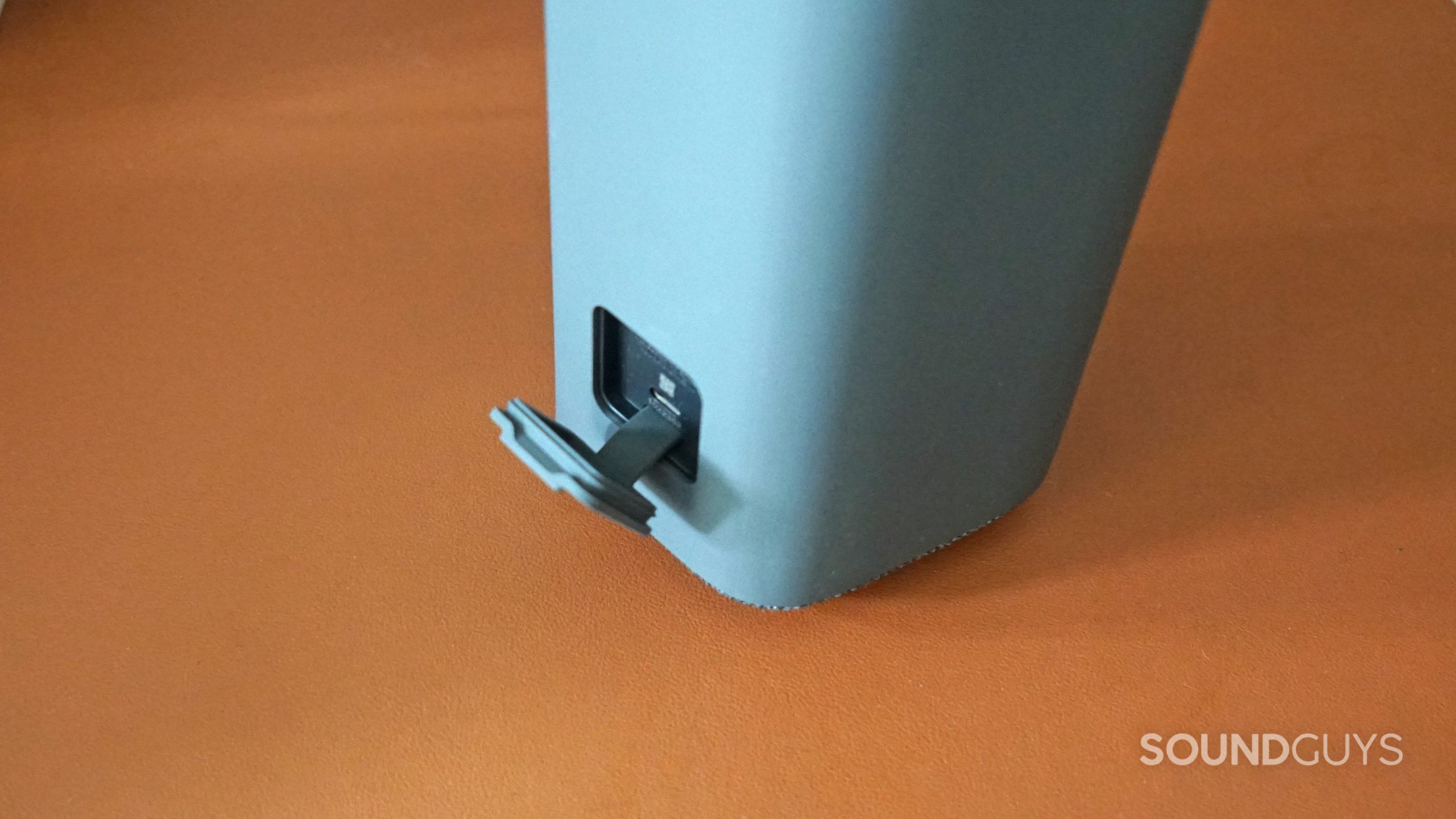 A closeup on the Sony SRS-XE300 bluetooth speaker charging port.