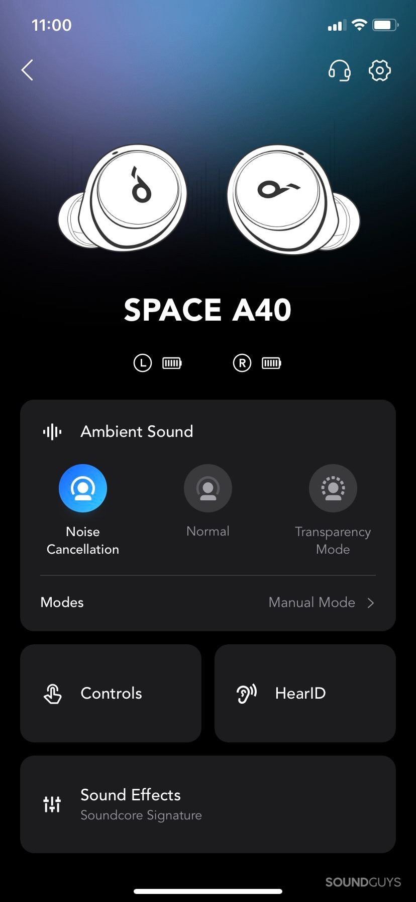 The Soundcore app, showing the screen when connected to the Space A40. There are options for noise control and sound profiles.