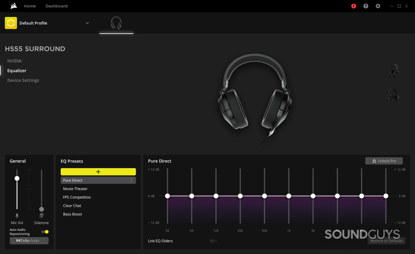 A screenshot of the Corsair iCUE software showing the interface for the HS55 Surround.