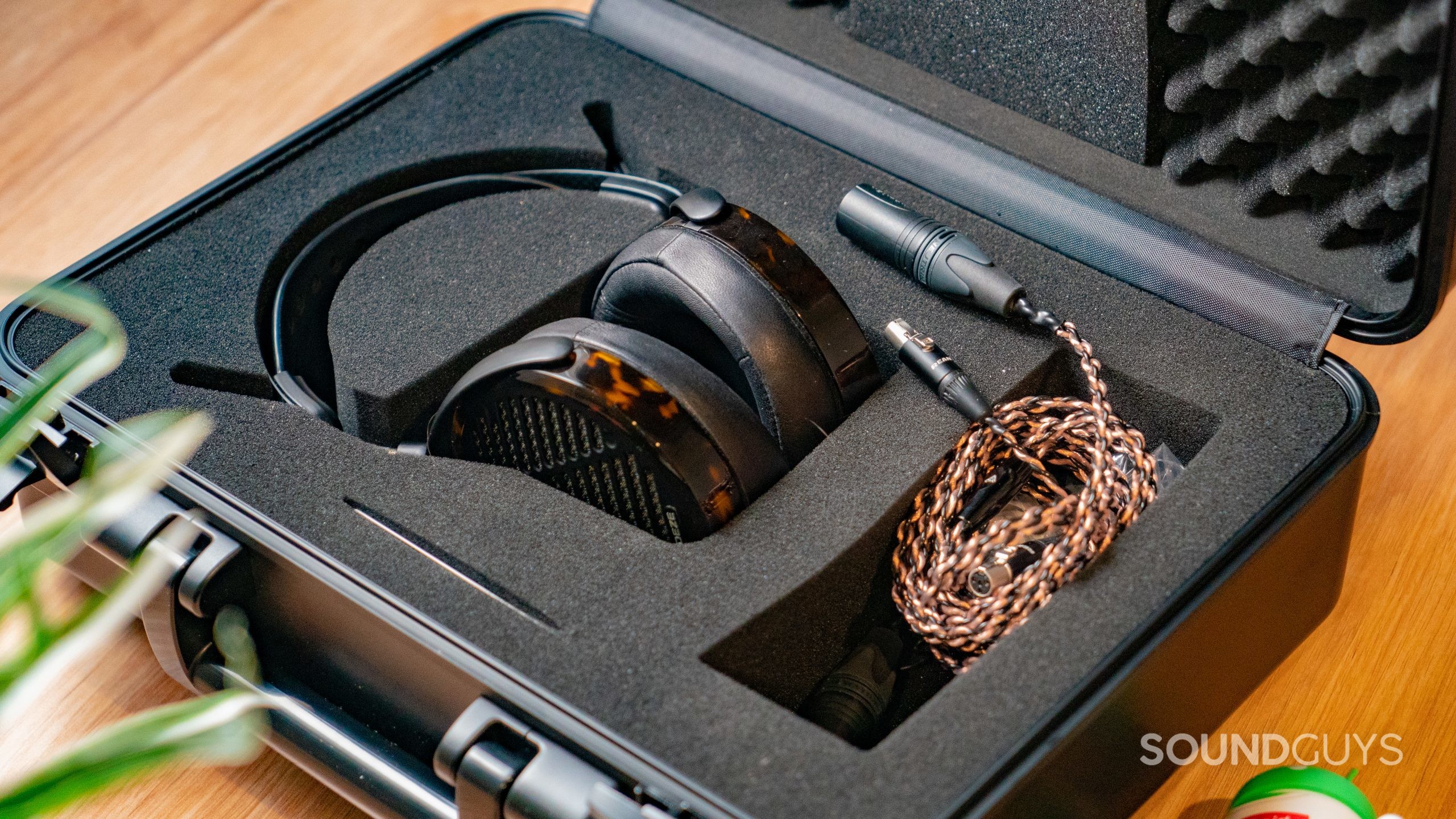 Audeze LCD-5 case interior showing headphones and cable located in respective cutouts in foam lining.