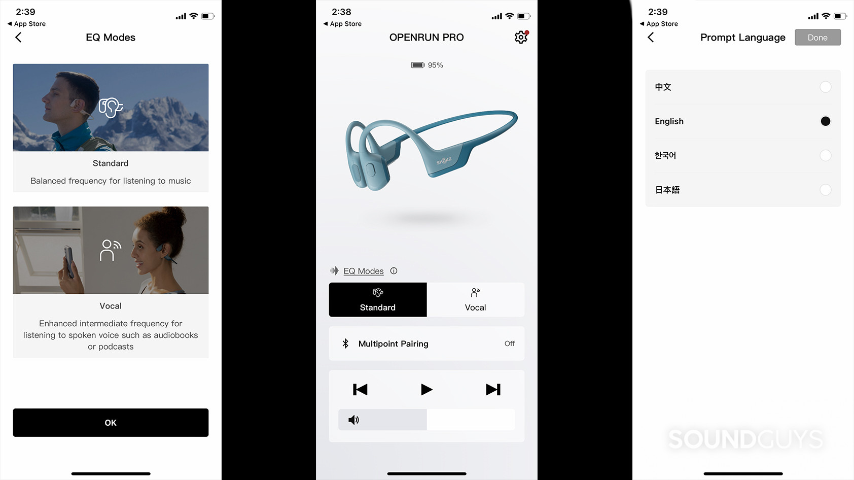 Screenshots of the Shokz OpenRun Pro bone conduction headphones settings in the Shokz mobile app.