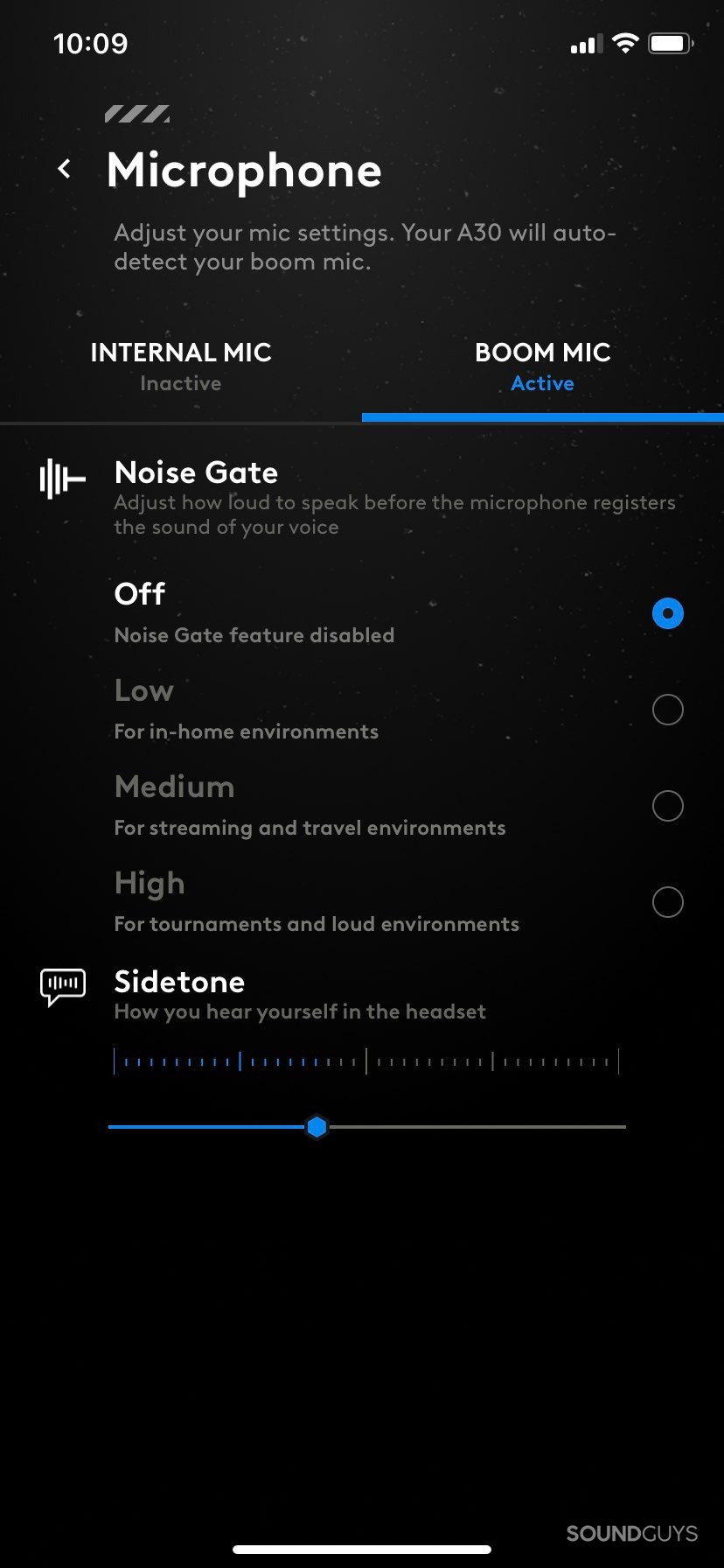 The Logitech G app showing the microphone section, including noise gate and sidetone settings.