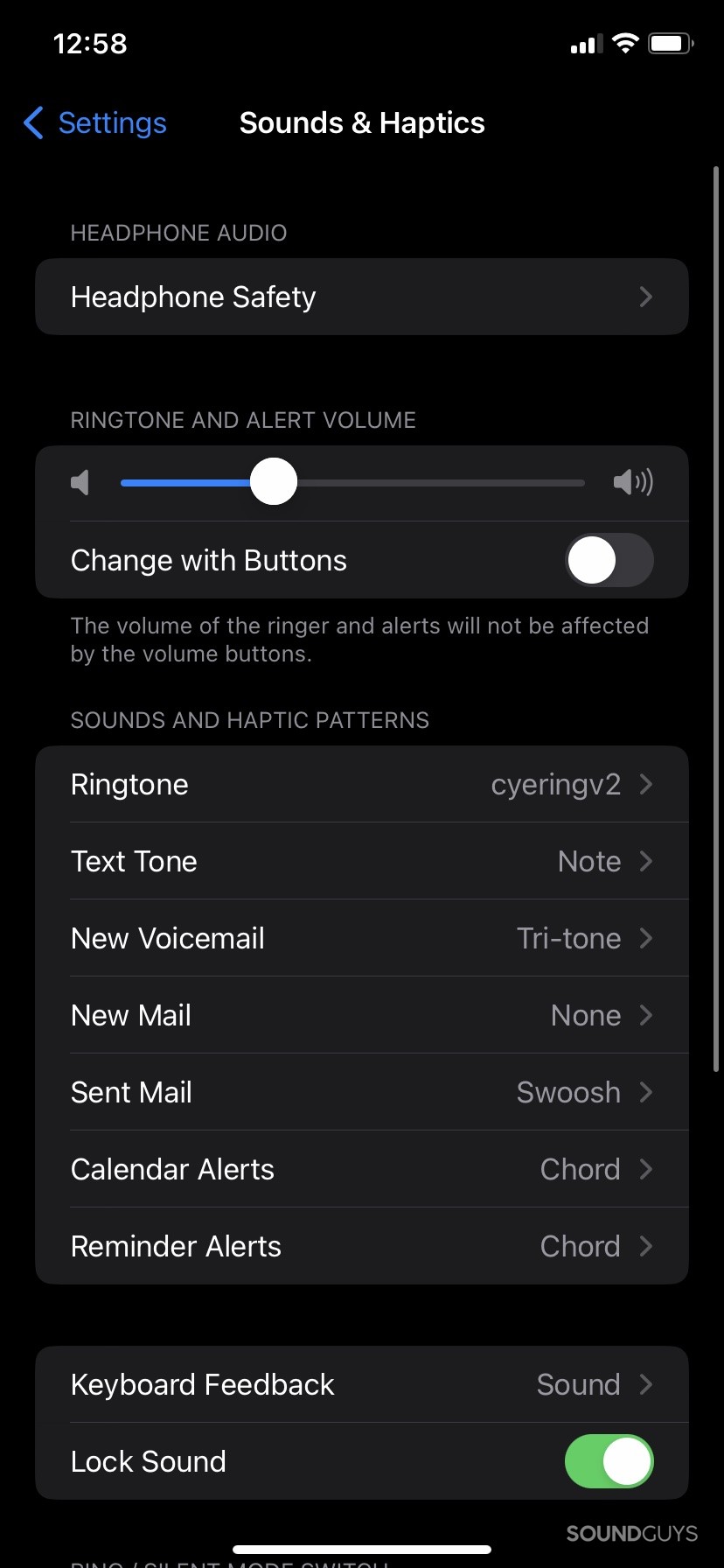 The sound settings page in the Settings app in iOS, where you can change the volume of your audio.