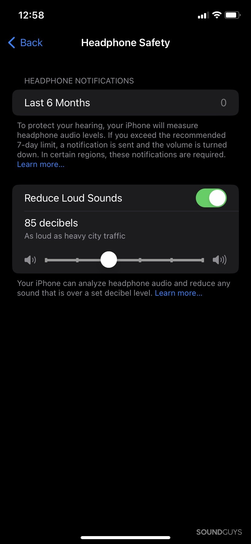The volume limiting section of the sound settings in the Settings app for iOS.
