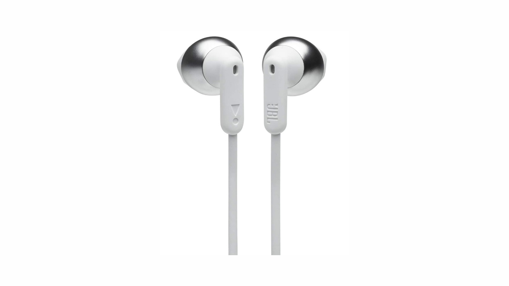 A close up of the JBL Tune 215BT wireless neckband earbuds shown in white and silver.