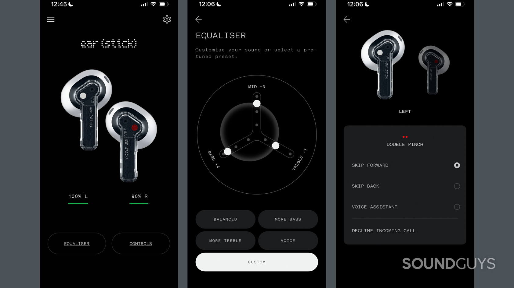 Three screenshots of the Nothing App that comes with the Nothing Ear stick show the landing page, equalizer, and an example of how you can change controls.