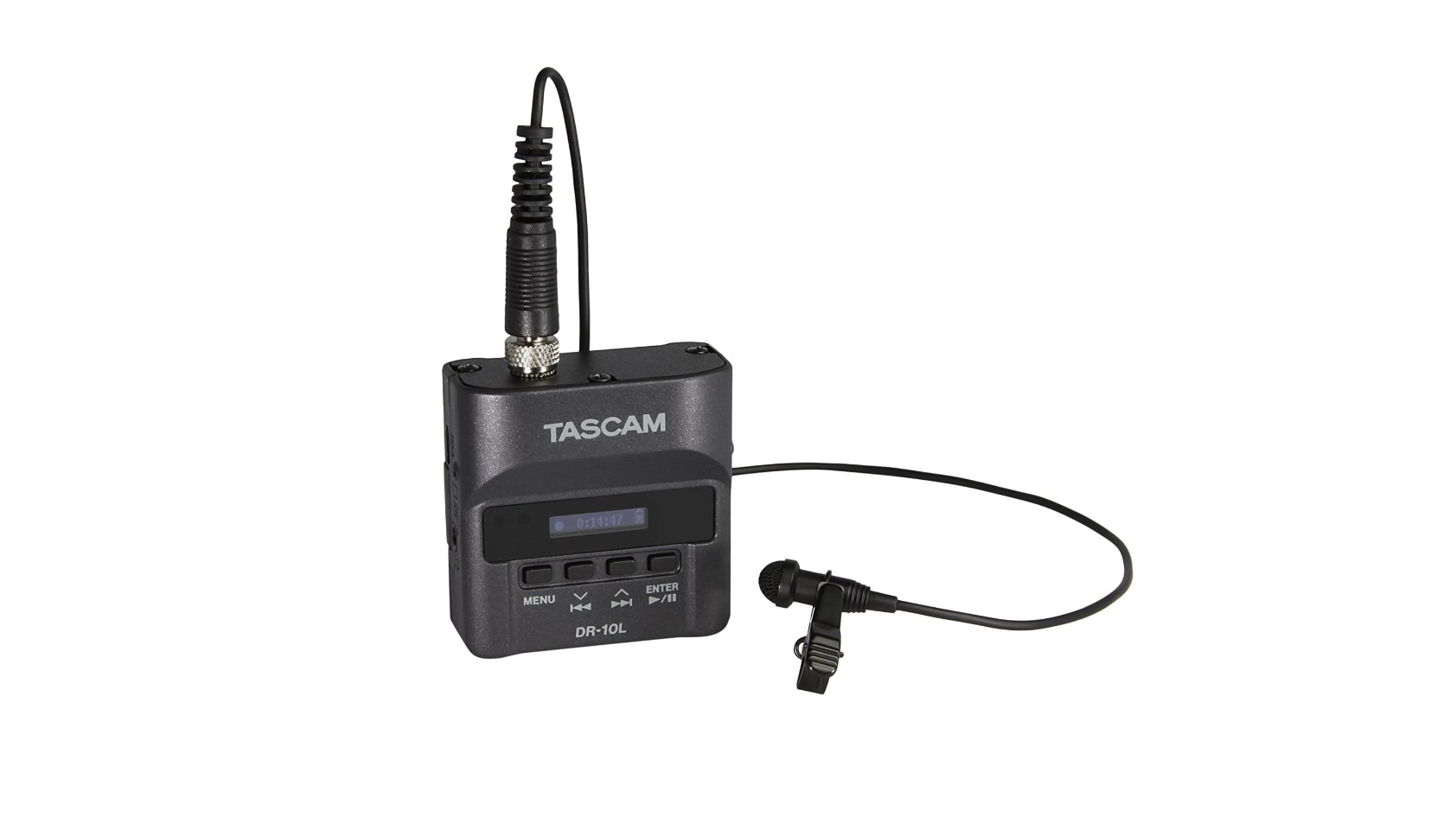 The Tascam DR-10L recorder and lavalier mic shown in black against a white backdrop.