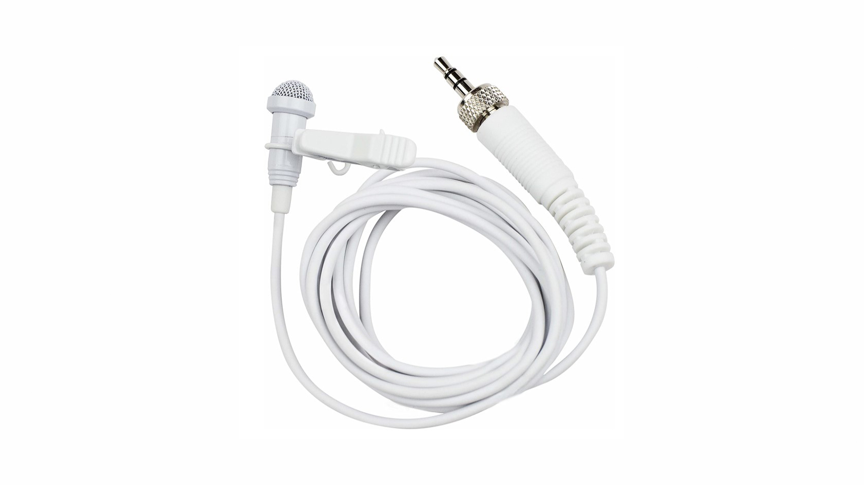 Set on a white background is the Tascam DR-10L lavalier microphone with its clip.