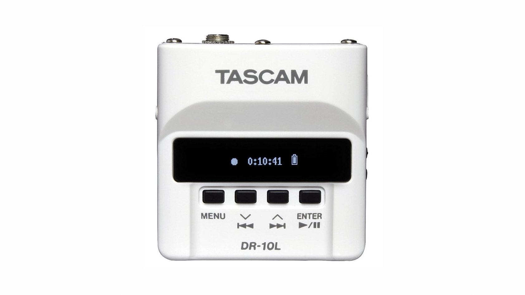 Product image of a white Tascam DR-10L digital recorder in front of a white background