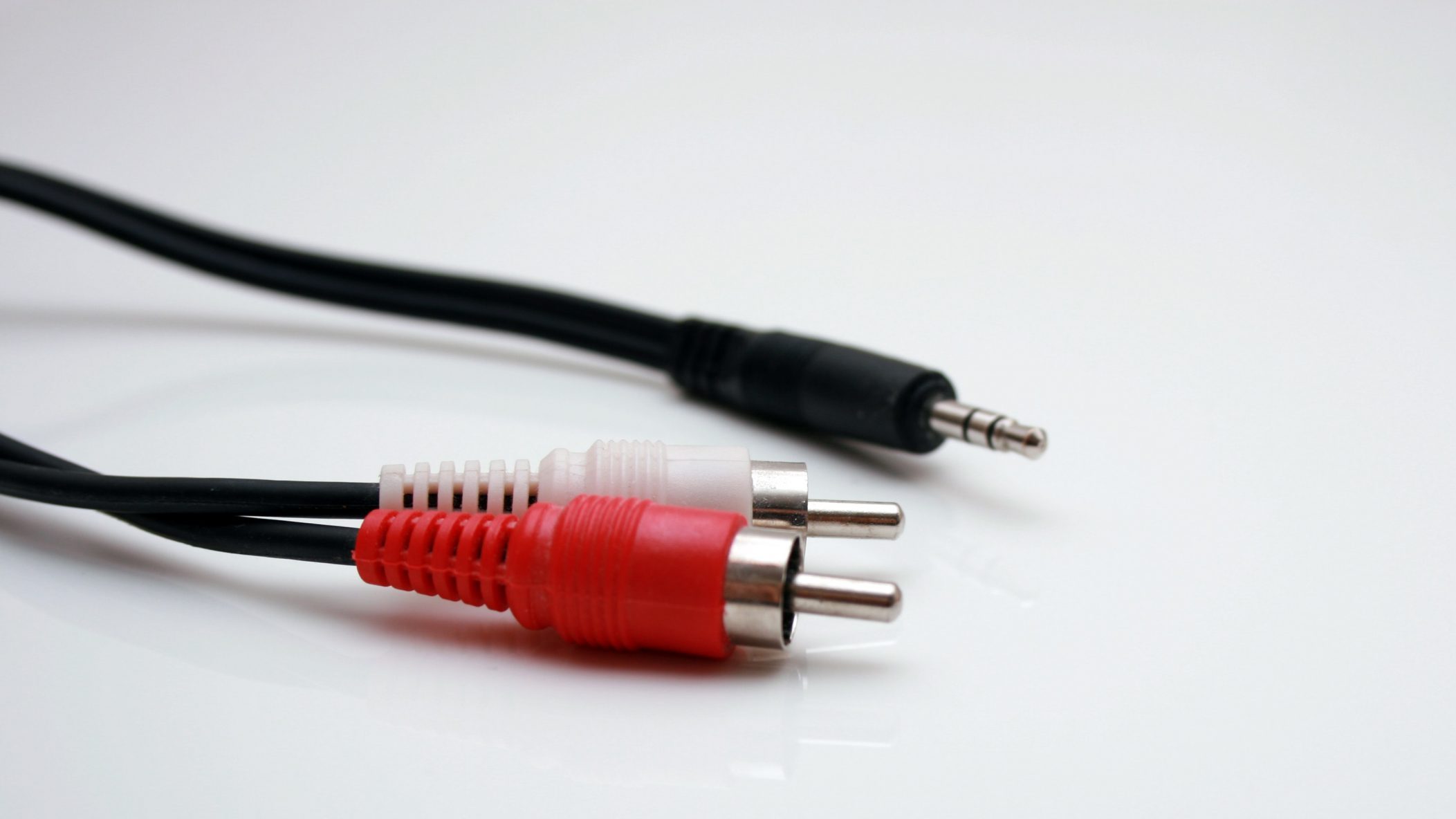 Red and White RCA Phono Cinch connectors shown alongside a 3.5mm minijack plug.