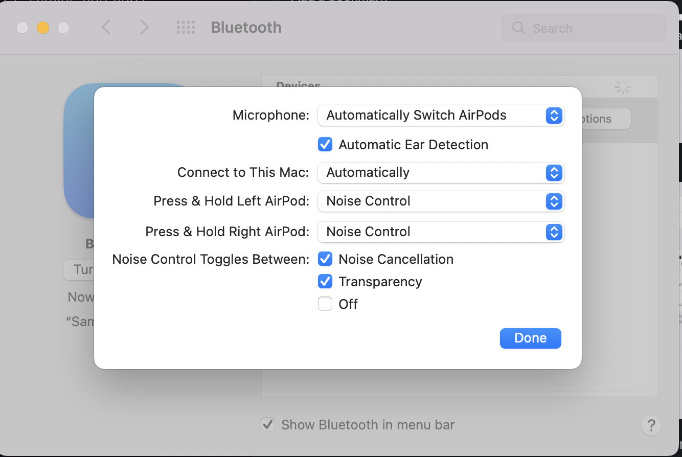 A screenshot of the AirPods control menu when paired to a macOS device.