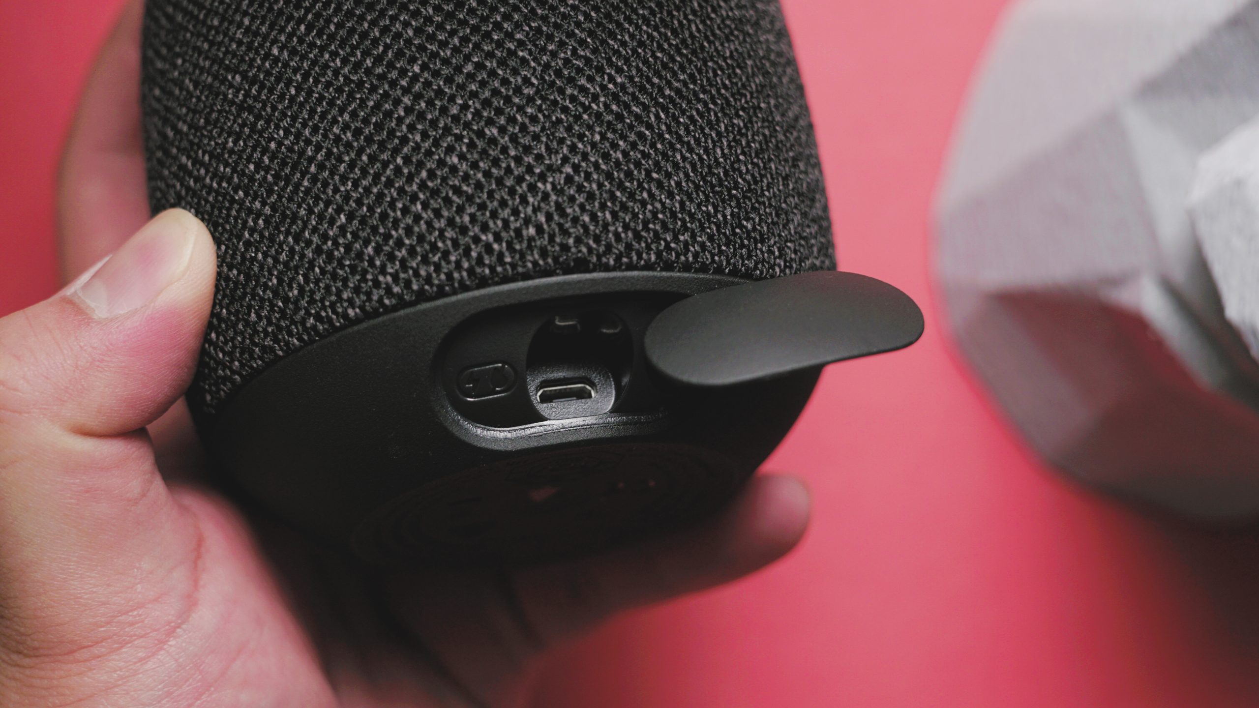 The Ultimate Ears Wonderboom 3 with its charging port being shown.