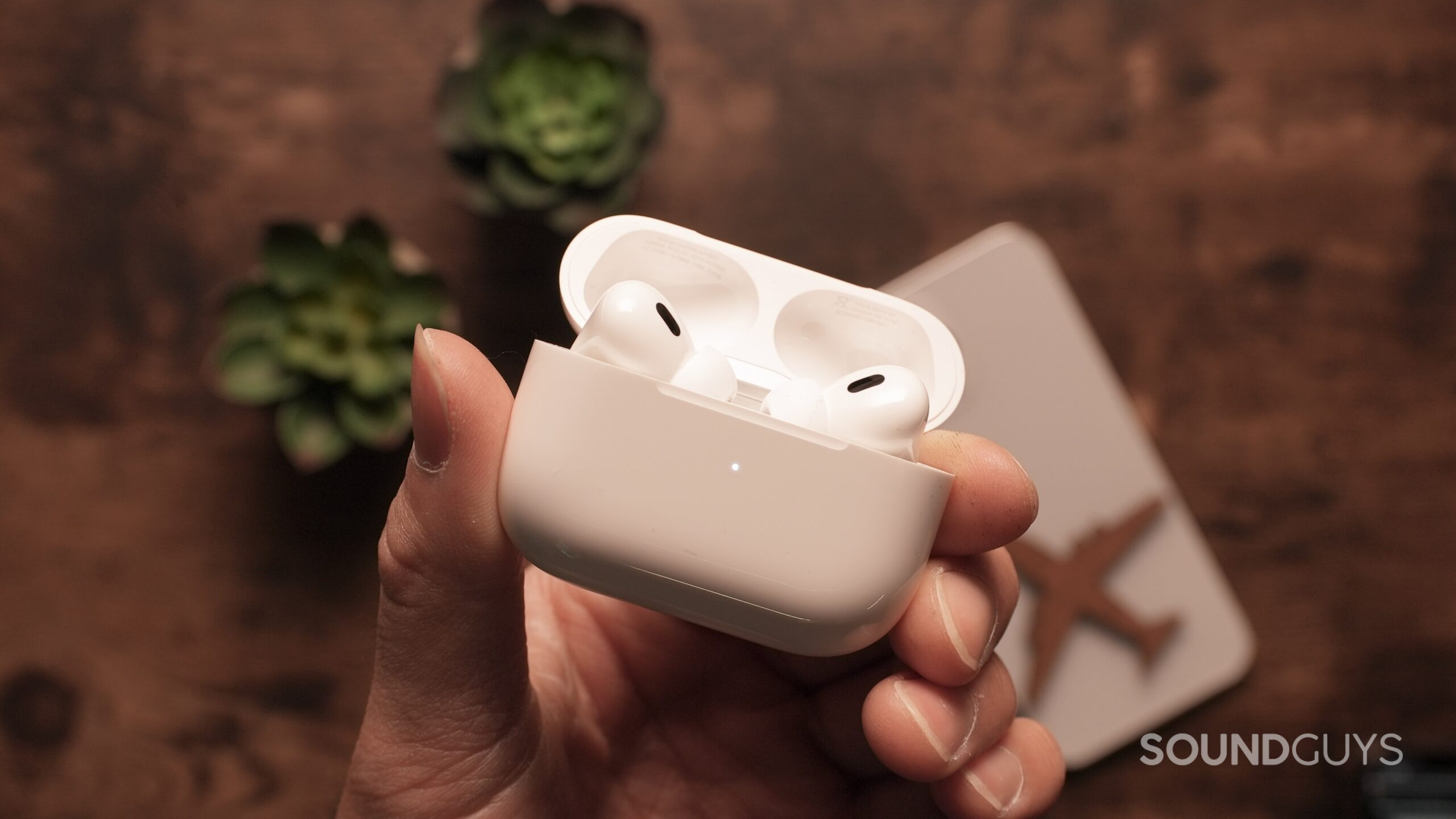 A hand holds the AirPods Pro in their case, open.