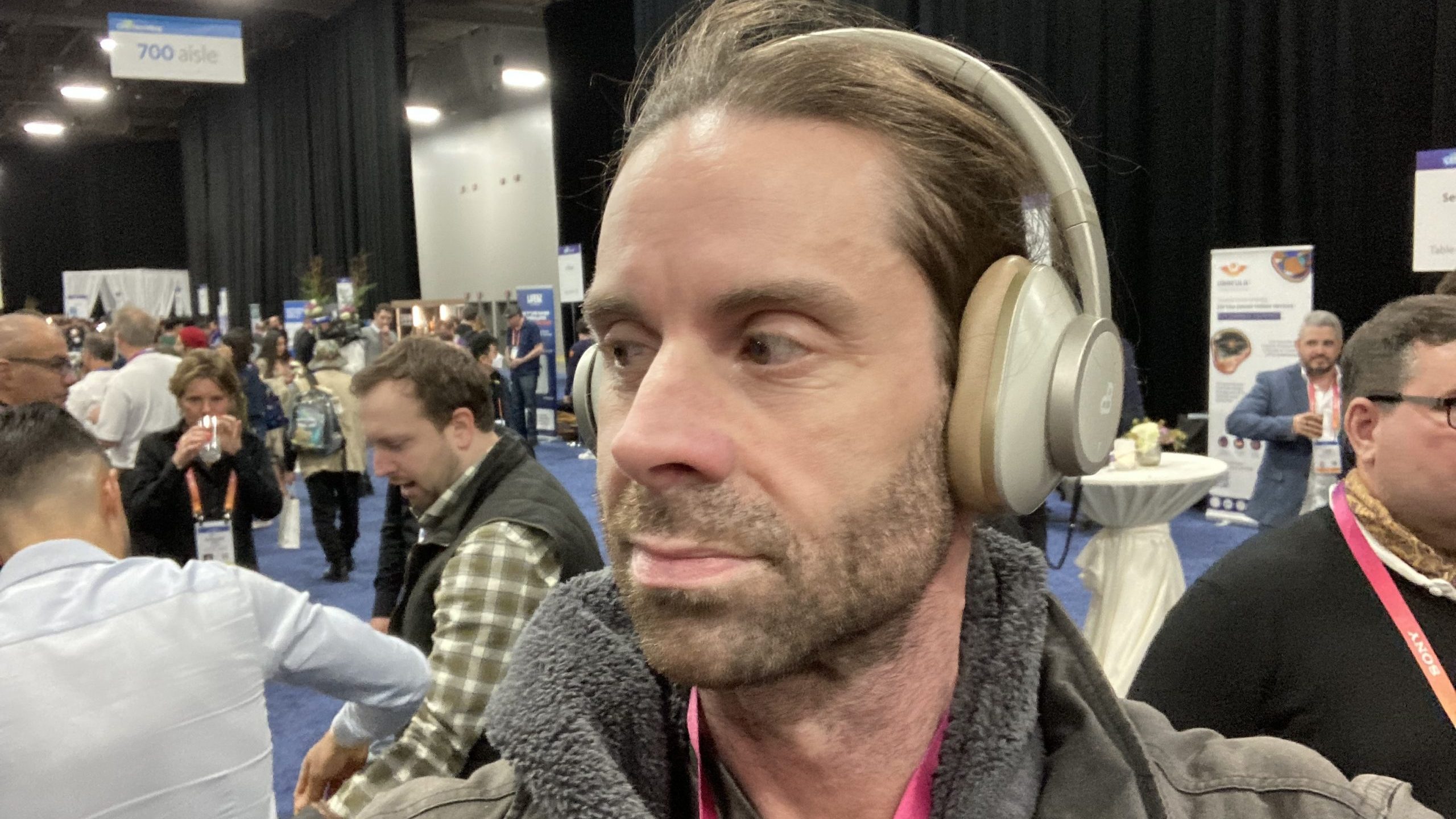 DeeBee's new wireless ANC headphone as worn by AJ at CES.