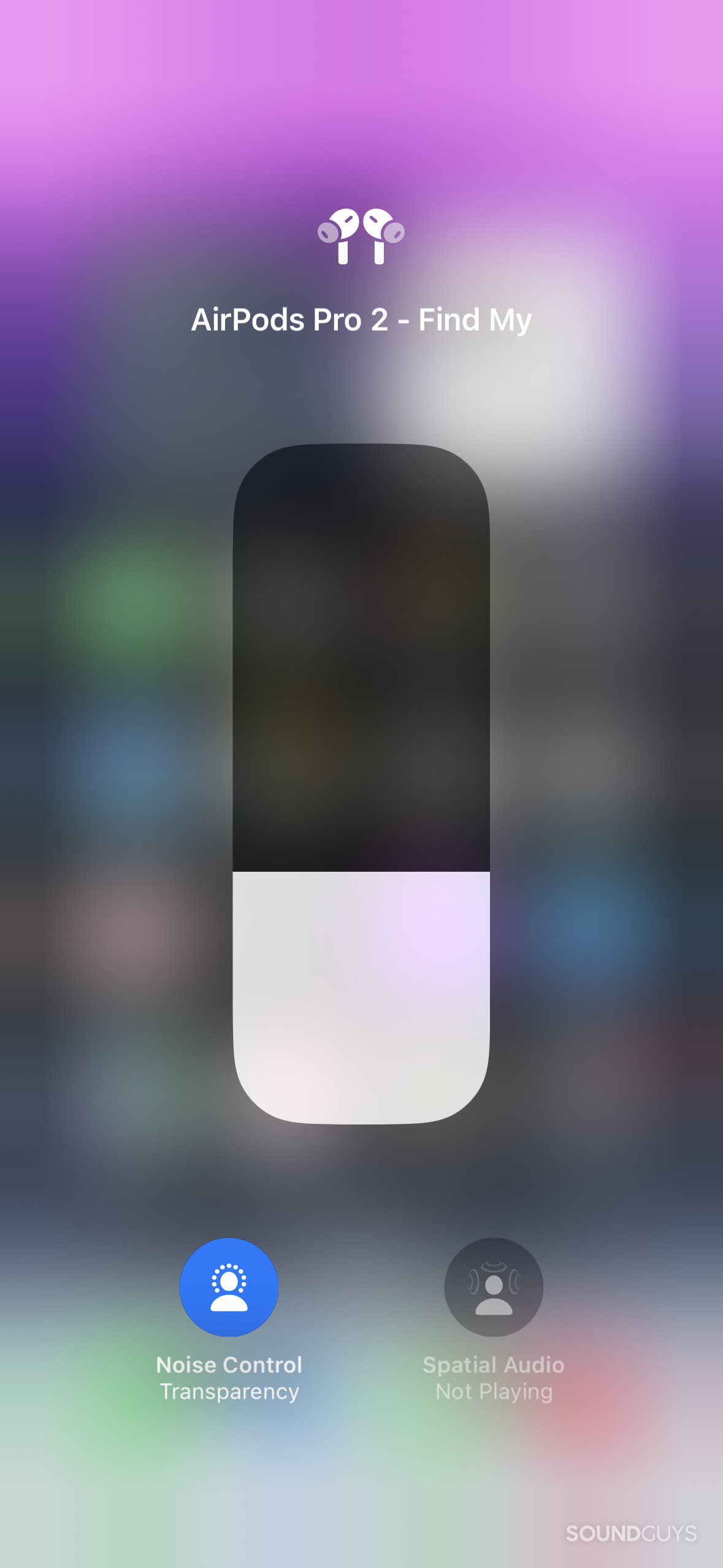 Volume and noise controls for AirPods Pro on an iOS device in the control center.
