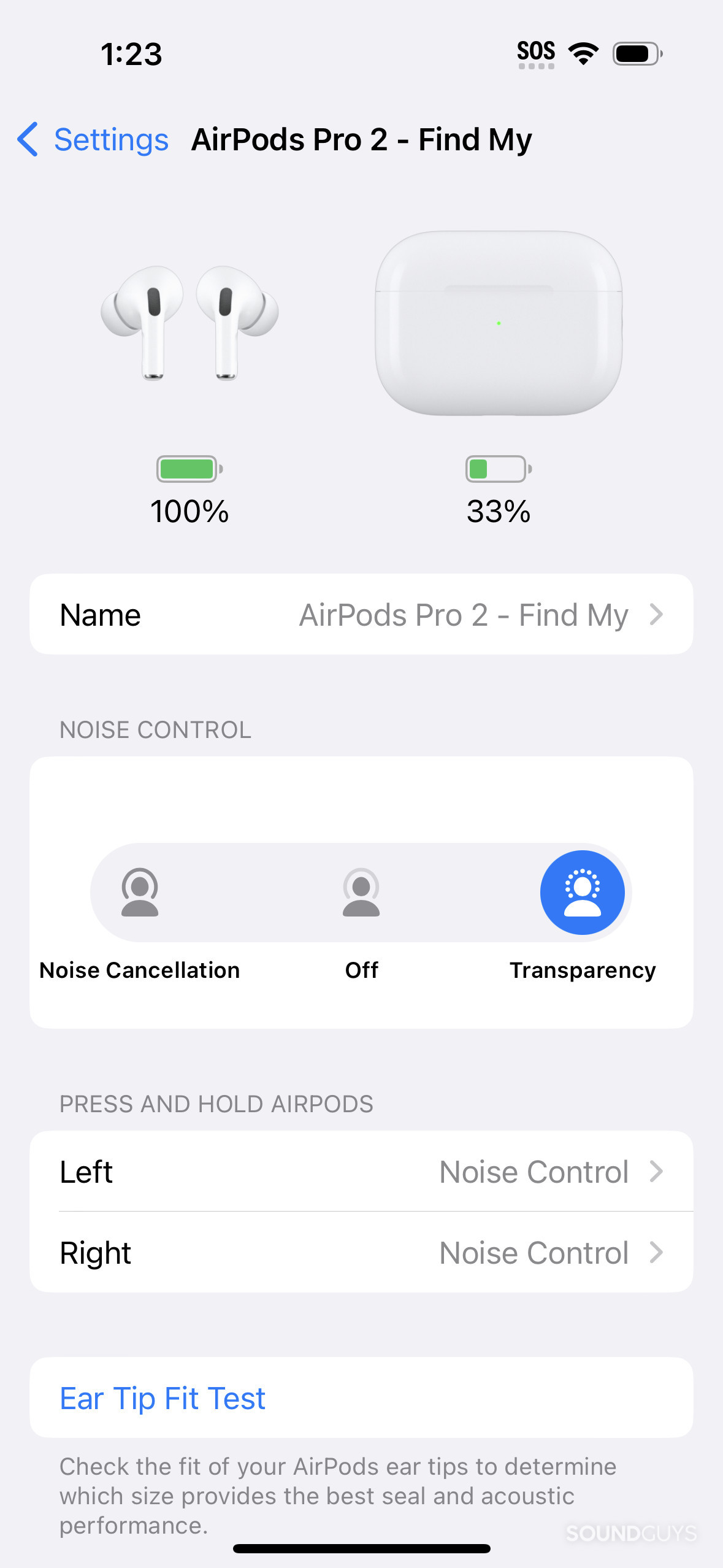 AirPods settings in the iOS settings app, showing noise control options.