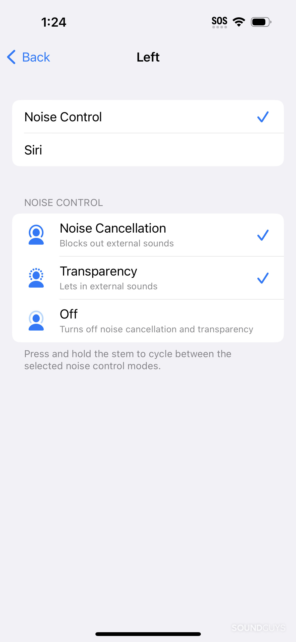 Advanced noise control settings for AirPods Pro, showing noise canceling and transparency checked, while noise canceling off is unchecked.