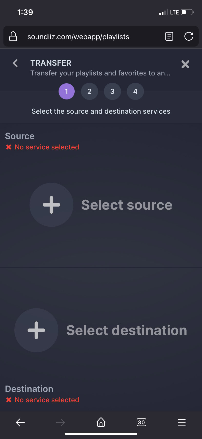 A screenshot of the source and destination buttons, where you can specify which services you want to transfer between.