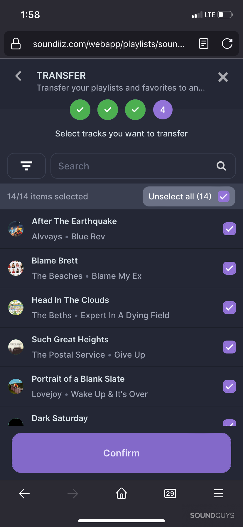 A screenshot of the page where you can choose what specific songs you would like to transfer between services.