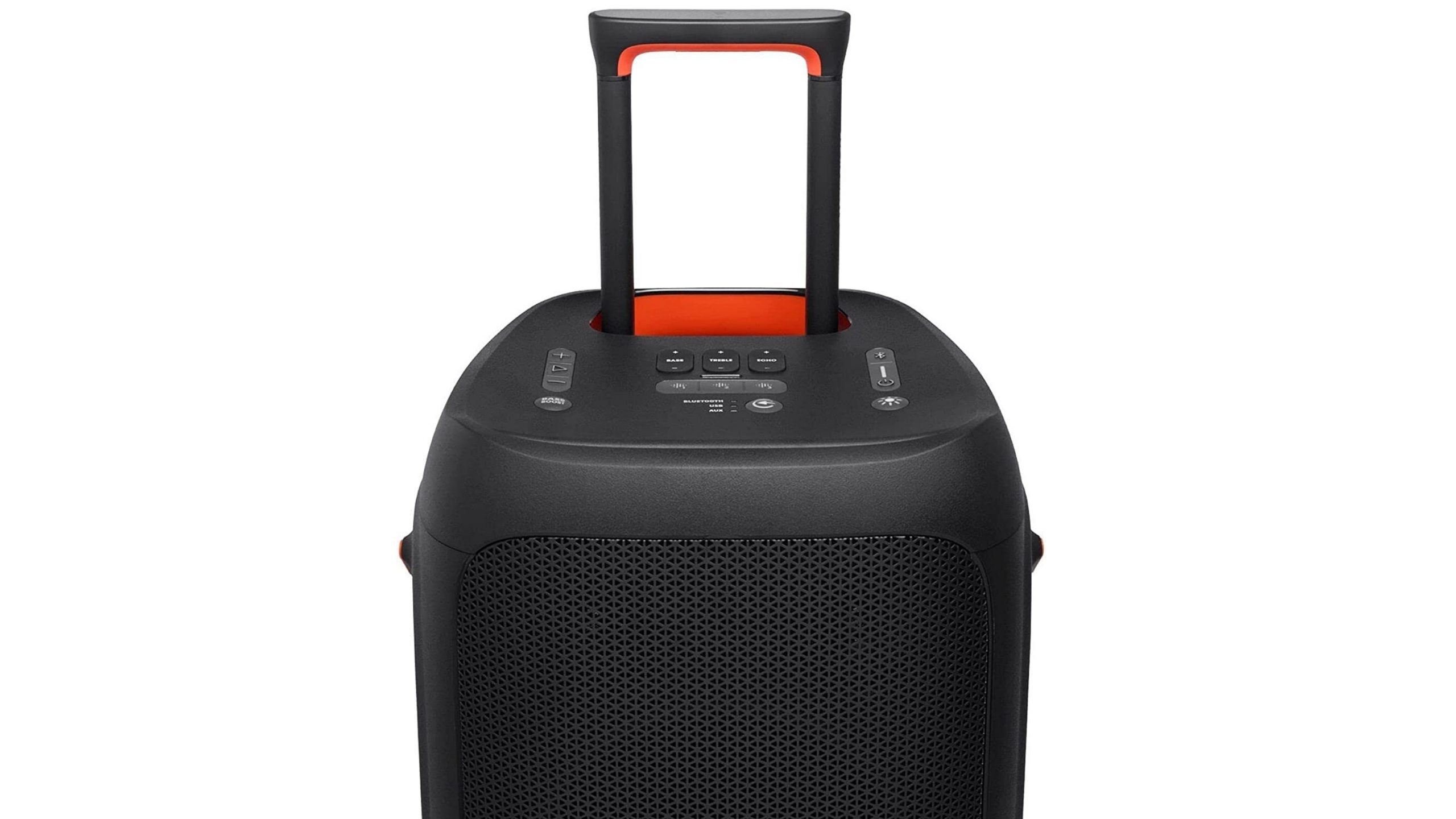 JBL PartyBox 310 focused on buttons and handle against a white background.