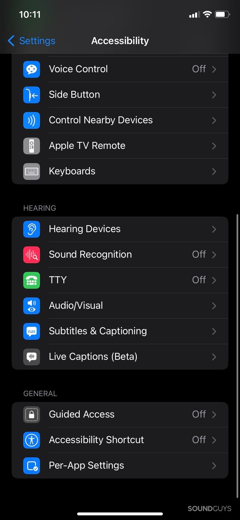 The accessibility settings menu in the iOS Settings app, showing the Audio/Visual menu button in the middle.