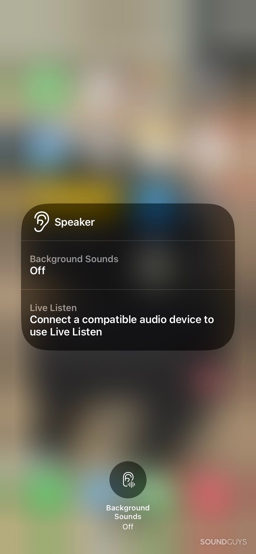 The screen of an iPhone showing the hearing accessibility shortcut opened in the Control Center.