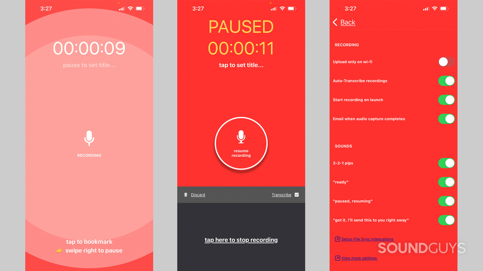 Three screenshots of Alice voice recording app showing the interface and settings.