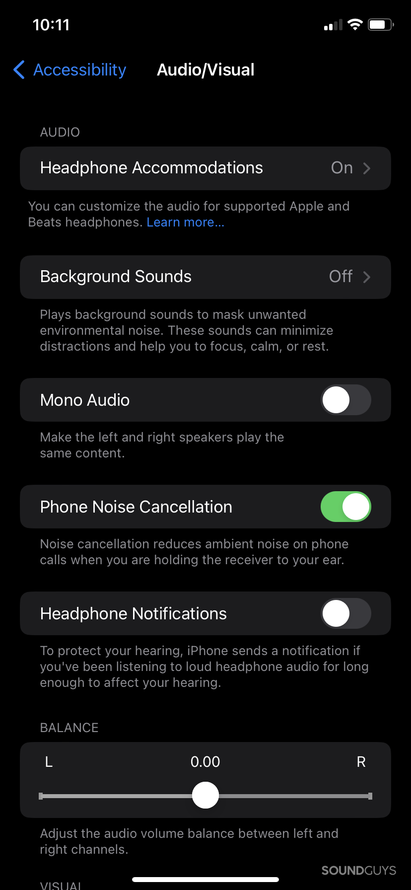 The Audio Visual settings menu in the iOS Settings app, showing the headphone accommodations toggle button.