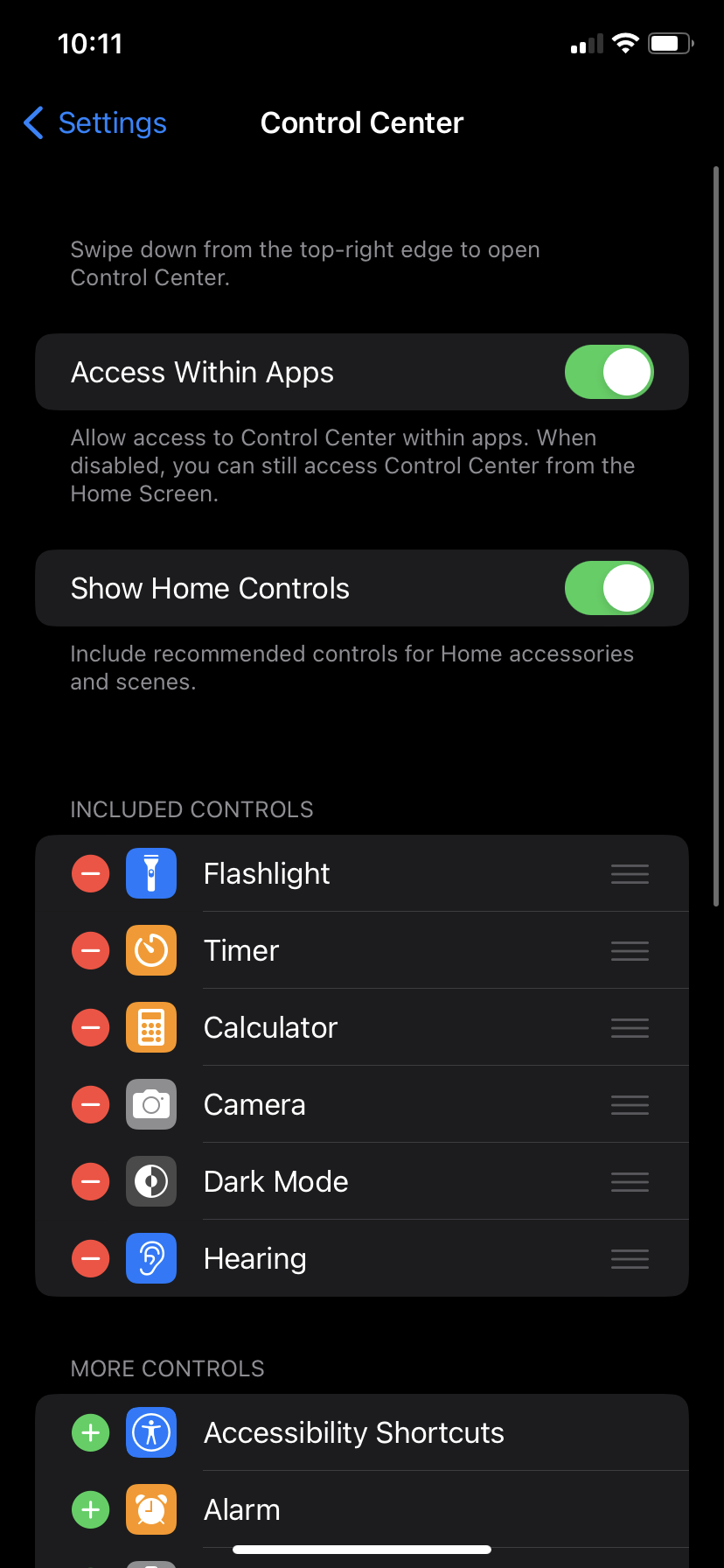 The Control Center settings in the iOS Settings app, showing the hearing shortcut enabled.