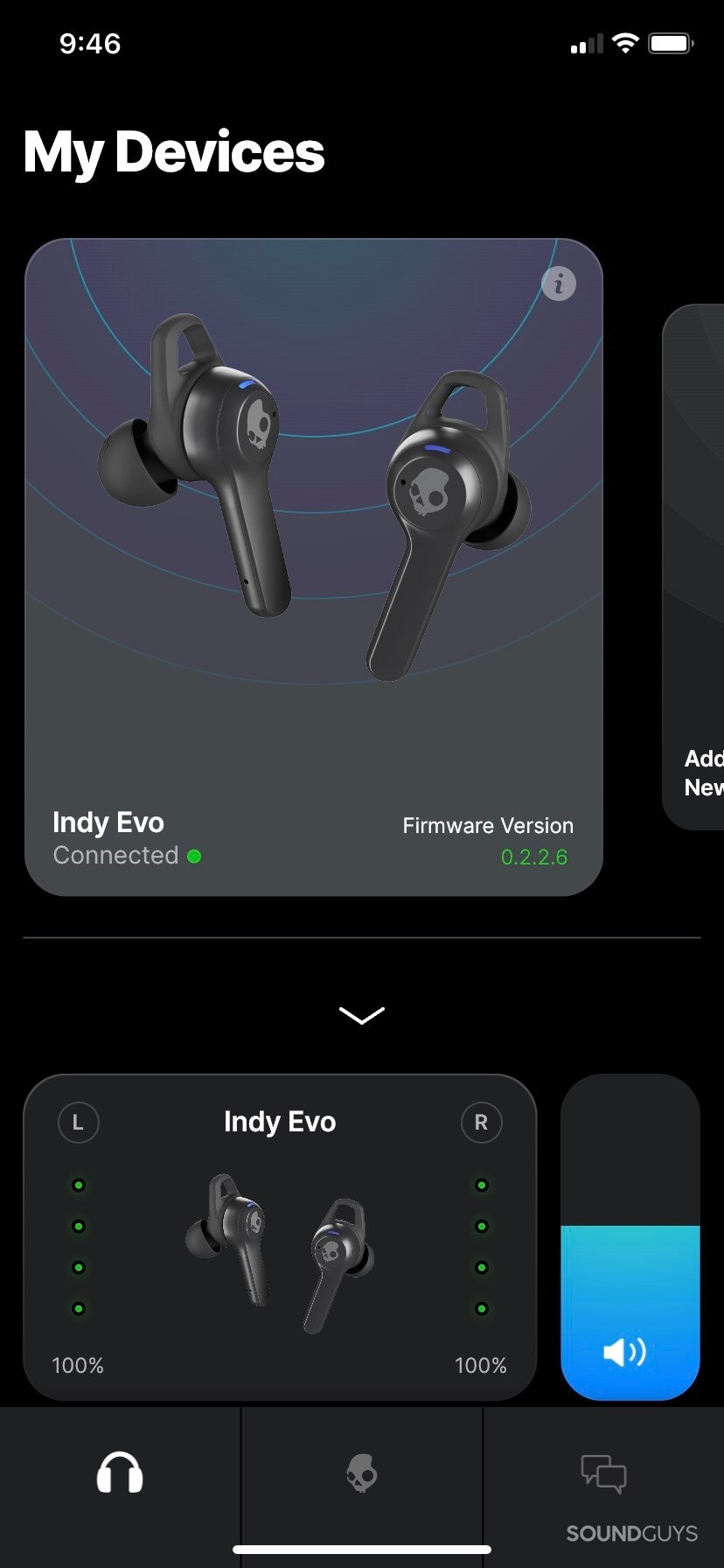 The Skullcandy app, showing the Skullcandy Indy Evo successfully connected.