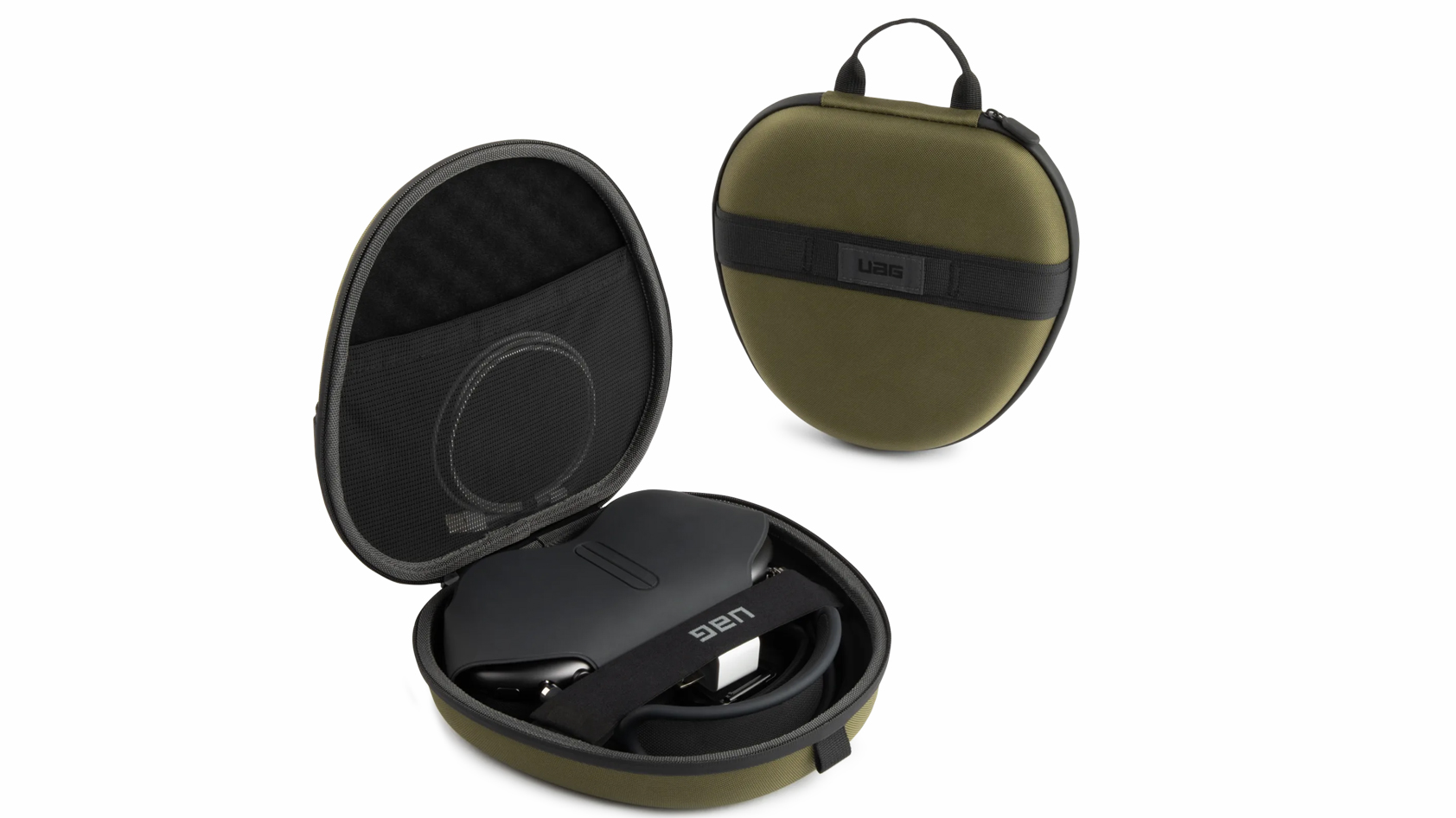 Product shot of the Urban Armor Gear Ration case for Apple AirPods Max shows the case closed and open with headphones and accessories on a white background.