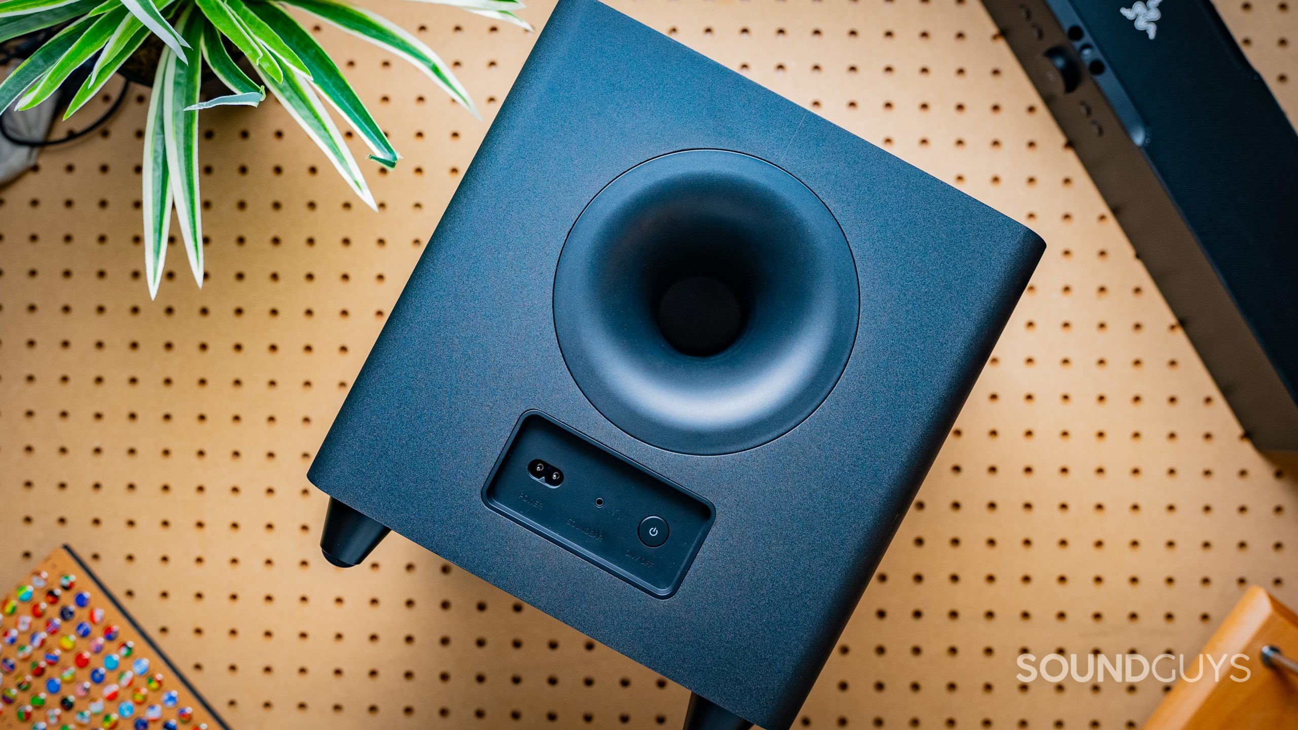 Razer Leviathon V2 Pro Featured Image #3 The Razer Leviathan V2 Pro subwoofer lays on its front, with its rear reflext port in view
