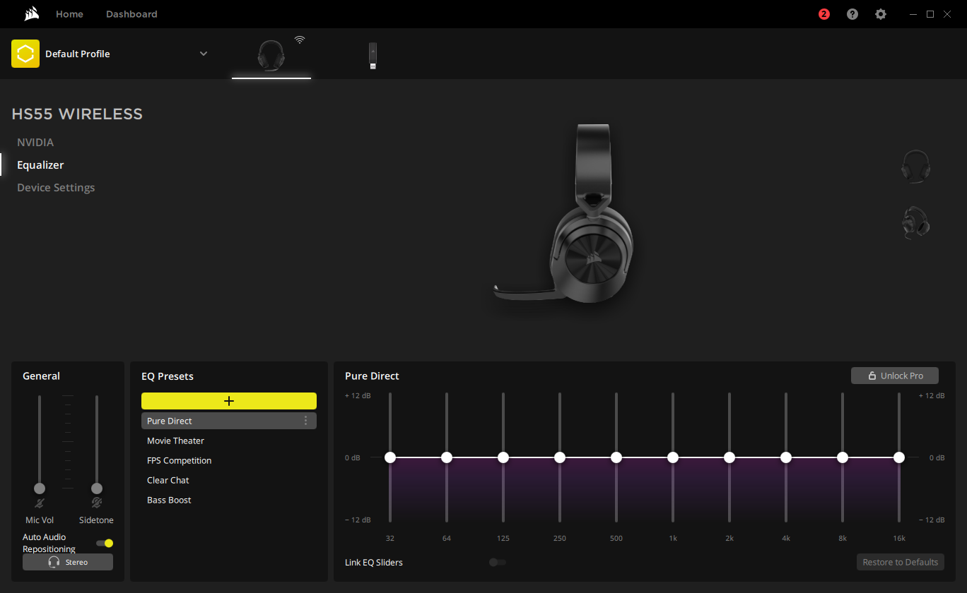 A view of the Corsair iCUE software showing the EQ panel and Corsair HS55 Wireless headset.