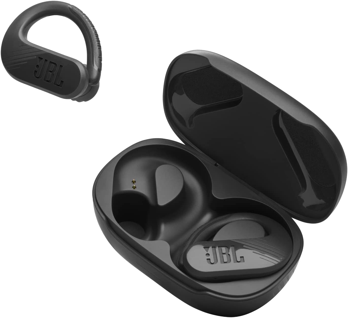 Product image of JBL Endurance Peak 3 earbuds and case on a white background