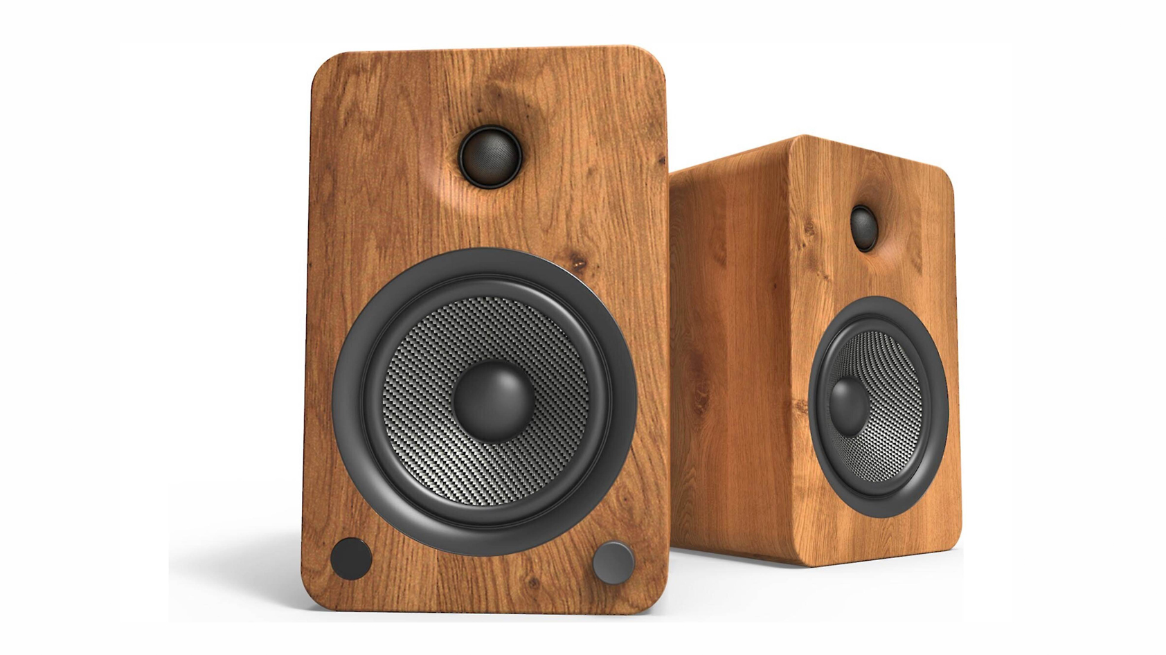 The Kanto YU6 shown in Walnut from the front and side.