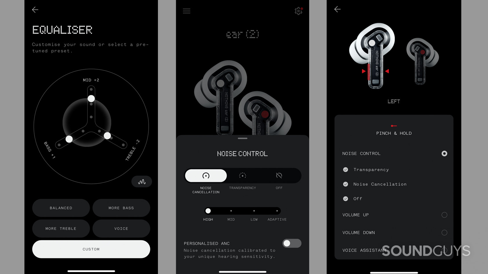 Three screenshots of the Nothing X app for the Nothing Ear (2) showing the equalizer, noise cancellation modes, and control options.