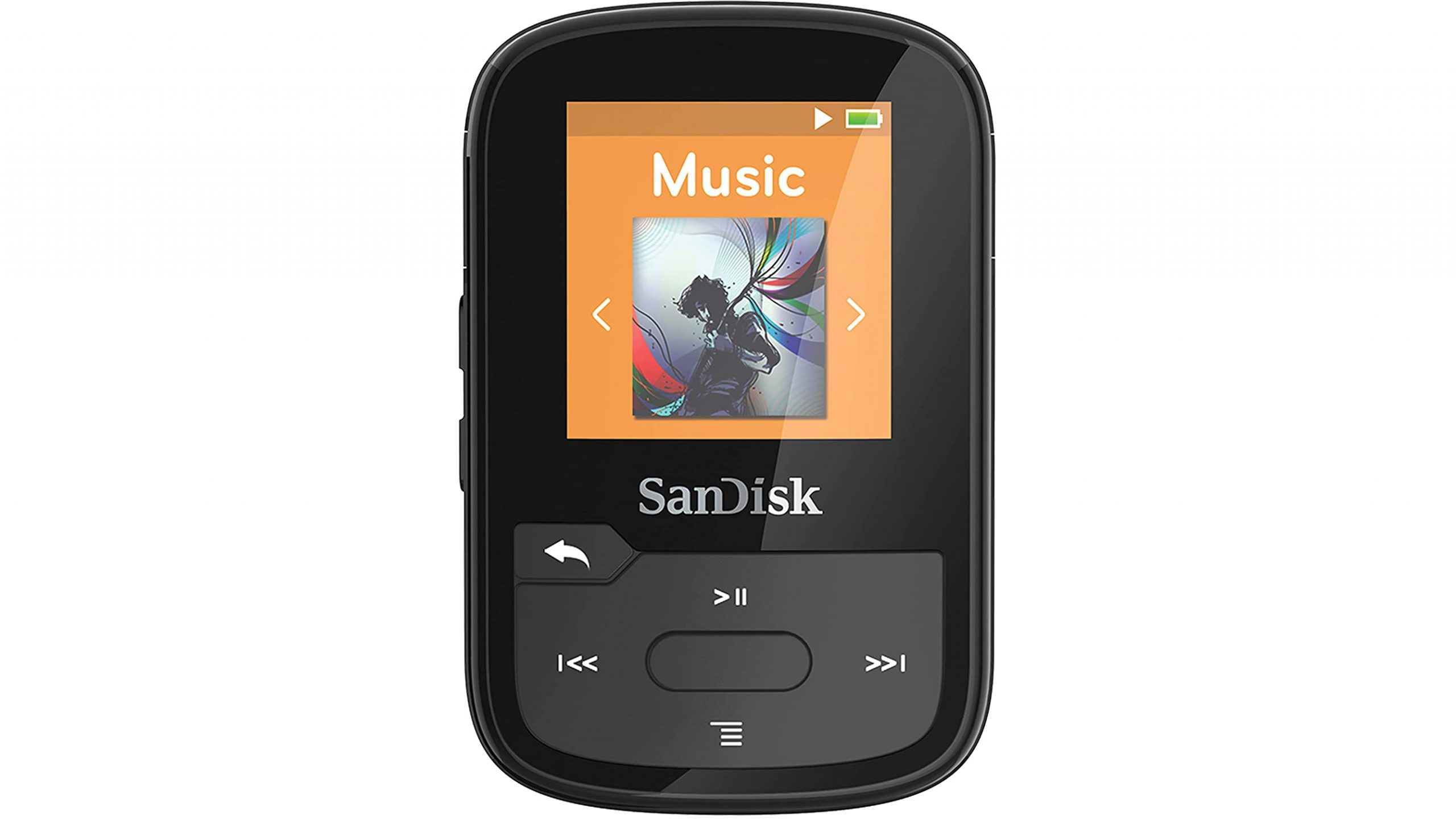 Product image of a SanDisk Clip Sport Plus MP3 Player on a white background