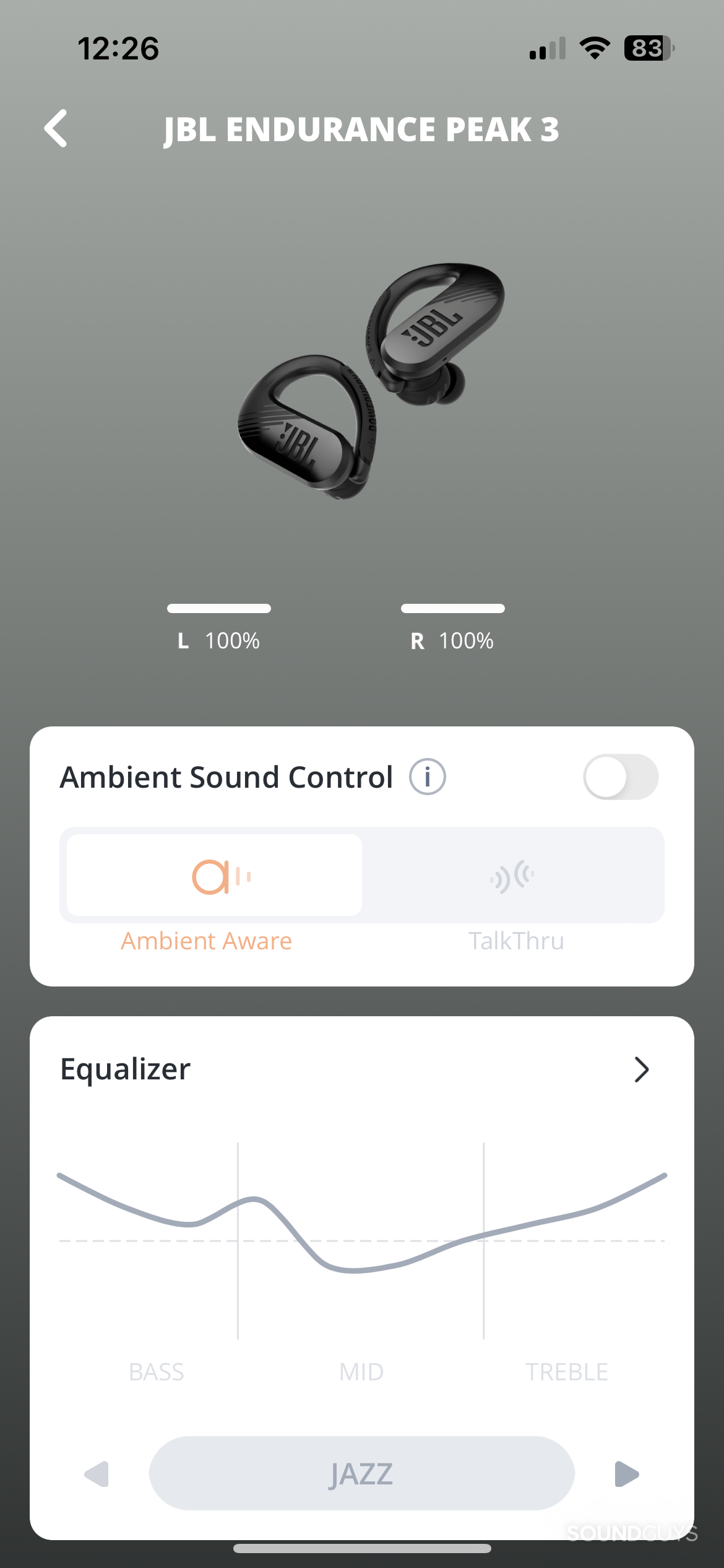 JBL Endurance Peak 3 Headphones app home page