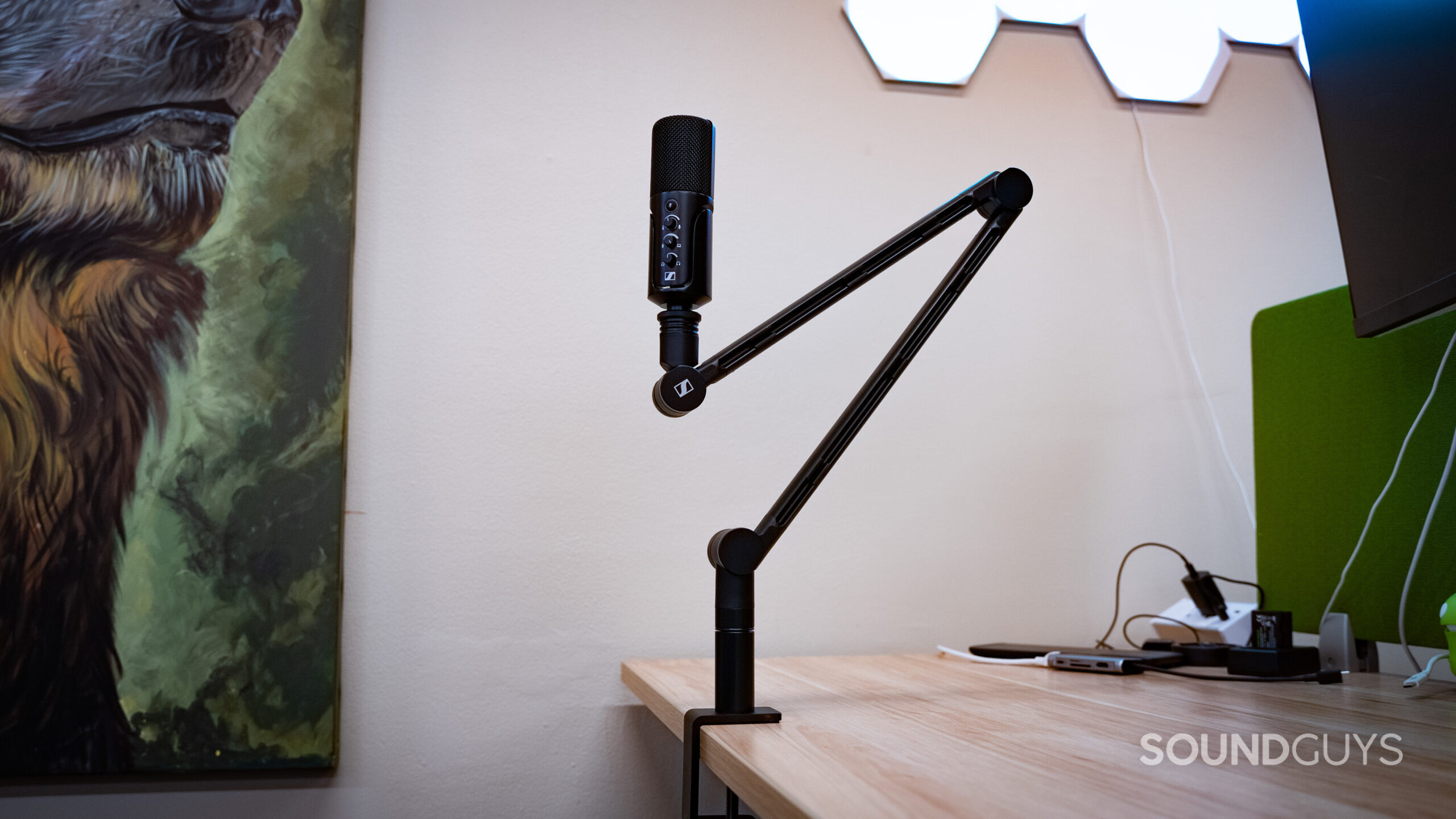 Wide angle shot of the Sennheiser Profile USB microphone mounted to the boom arm.