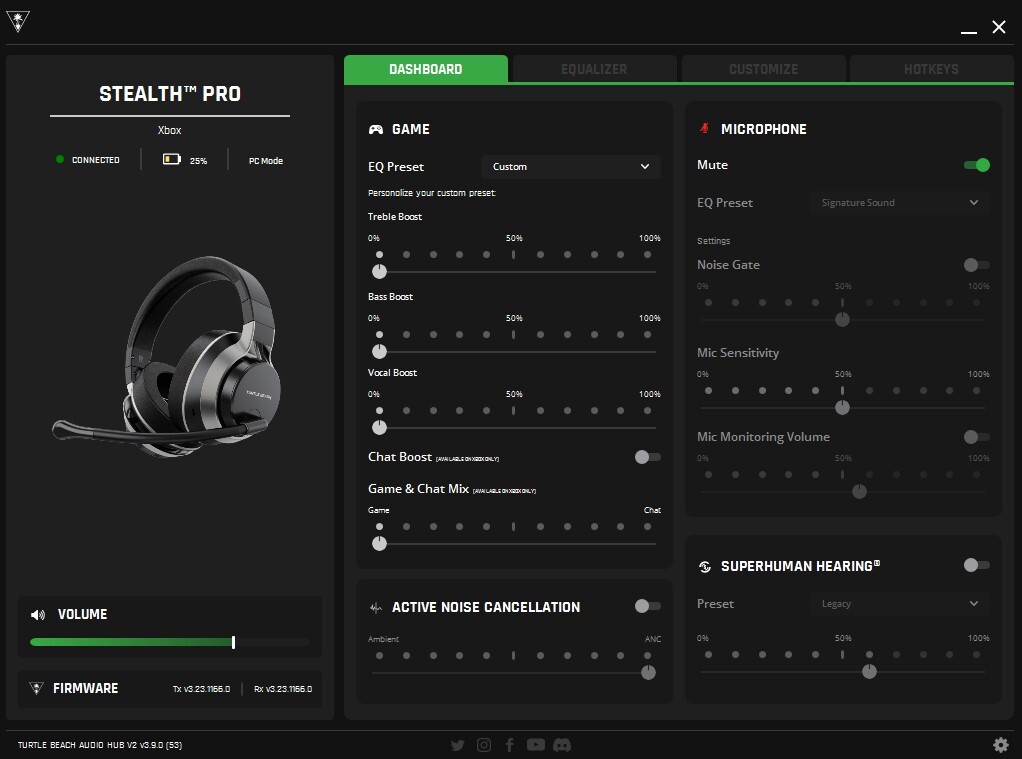 A screenshot of the desktop version of the Turtle Beach Audio Hub v2 app connected to the Turtle Beach Stealth Pro
