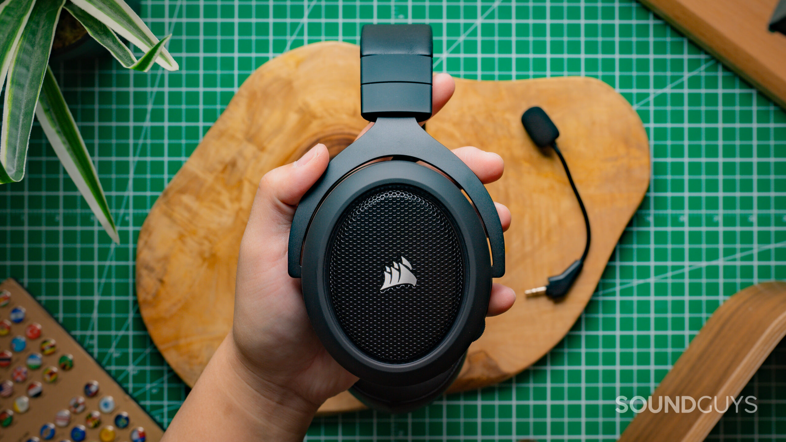 A view of the Corsair logo on one of the ear cups of the Corsair HS70 Pro Wireless.