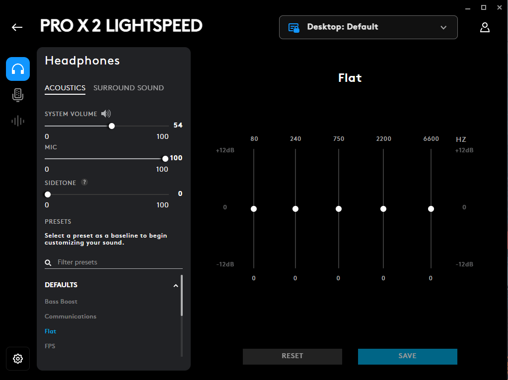 Screenshot of a Logitech G PRO X 2 G HUB showing volume and equalizer settings